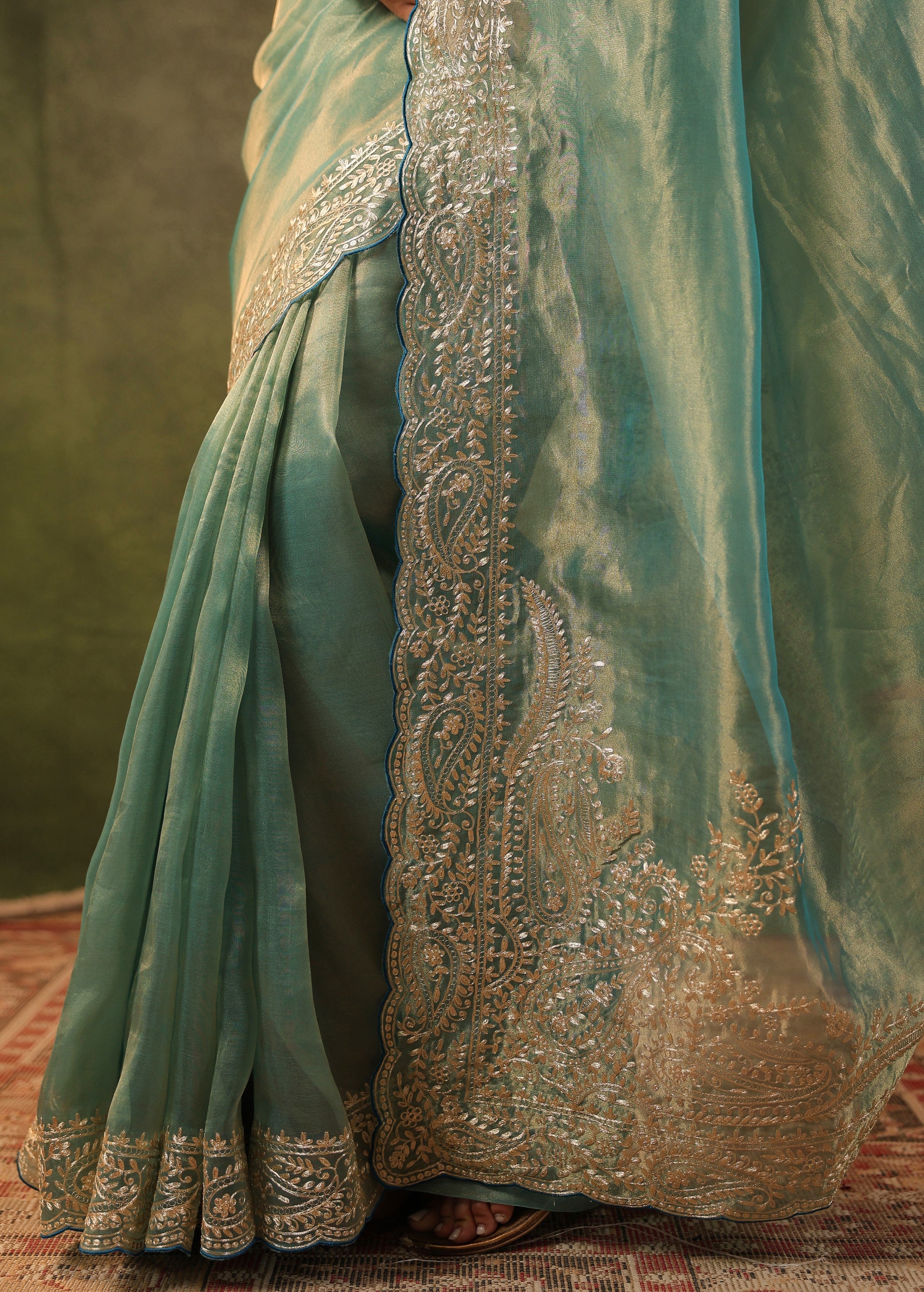 Sea Green Embroidered Organza Silk Saree - Image 4
