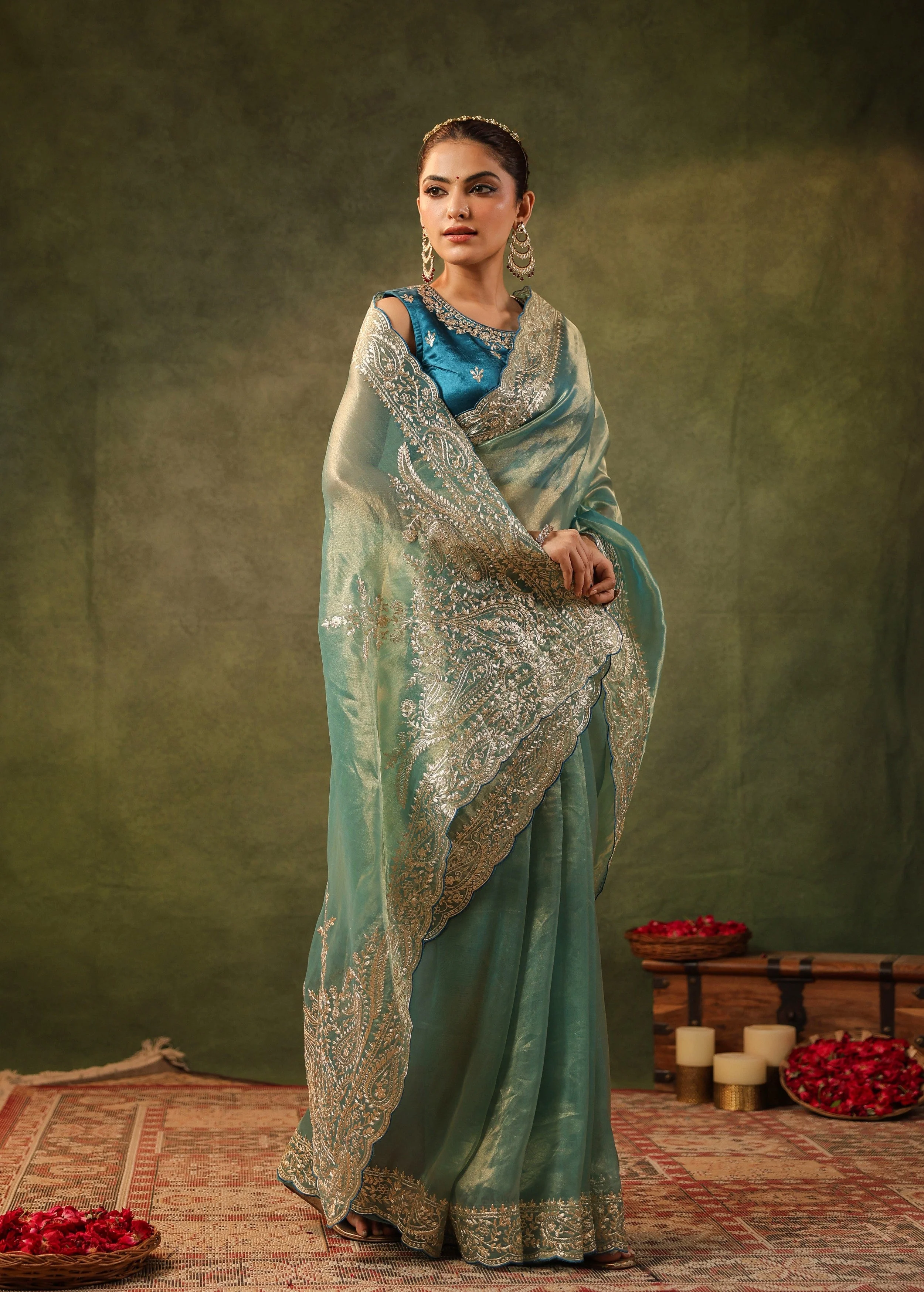 Sea Green Embroidered Organza Silk Saree - Image 5