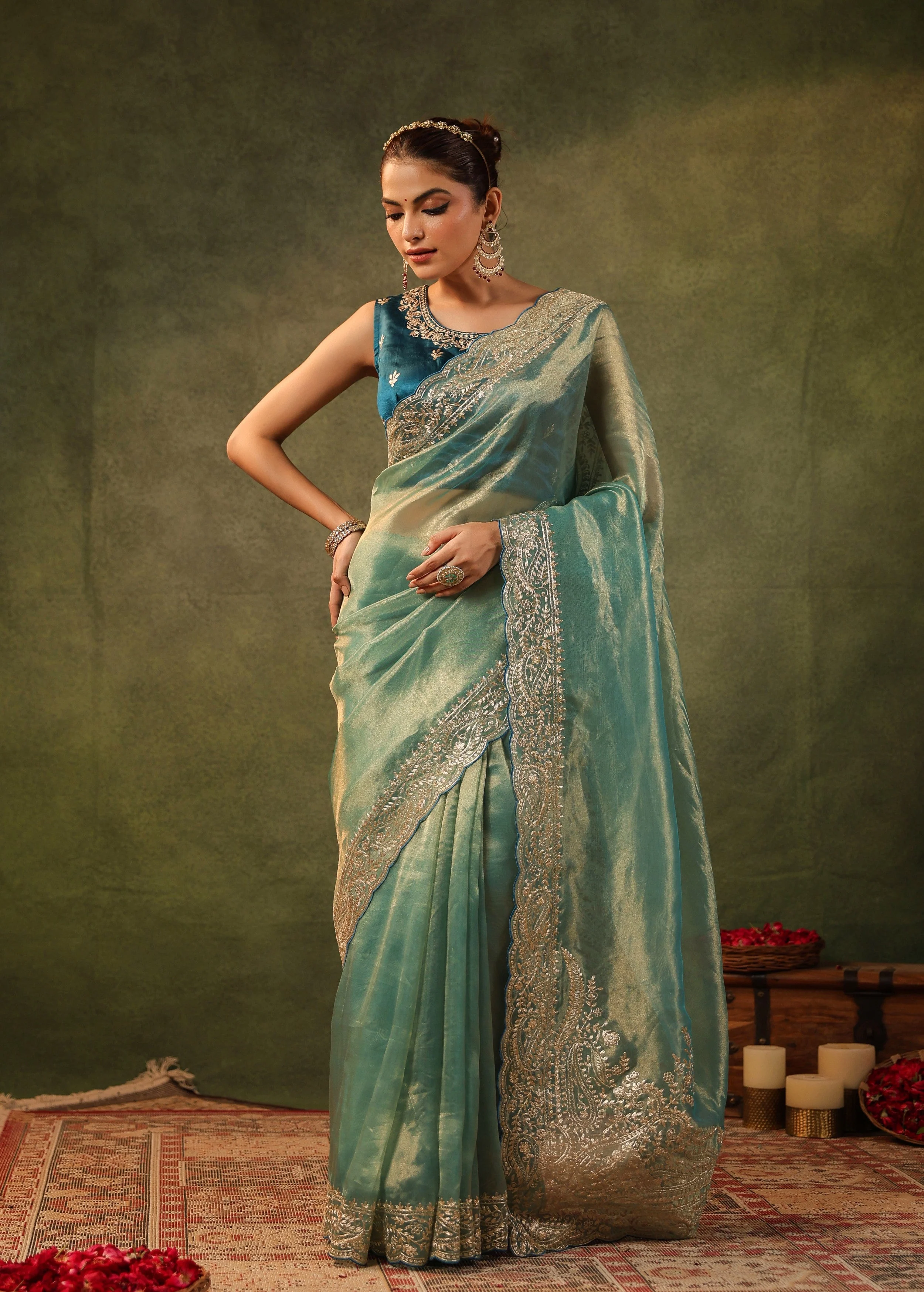 Sea Green Embroidered Organza Silk Saree - Image 6