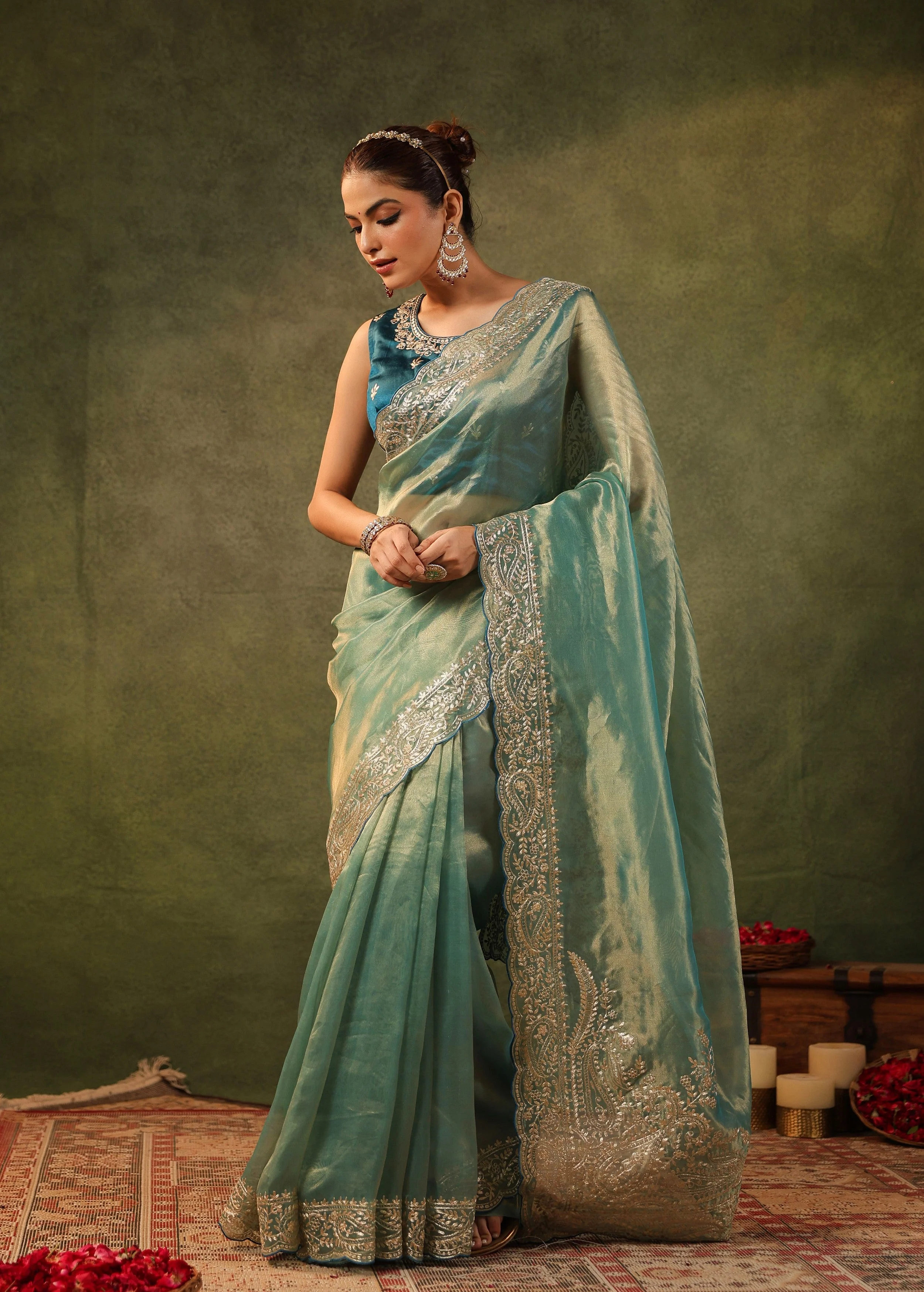 Sea Green Embroidered Organza Silk Saree - Image 7