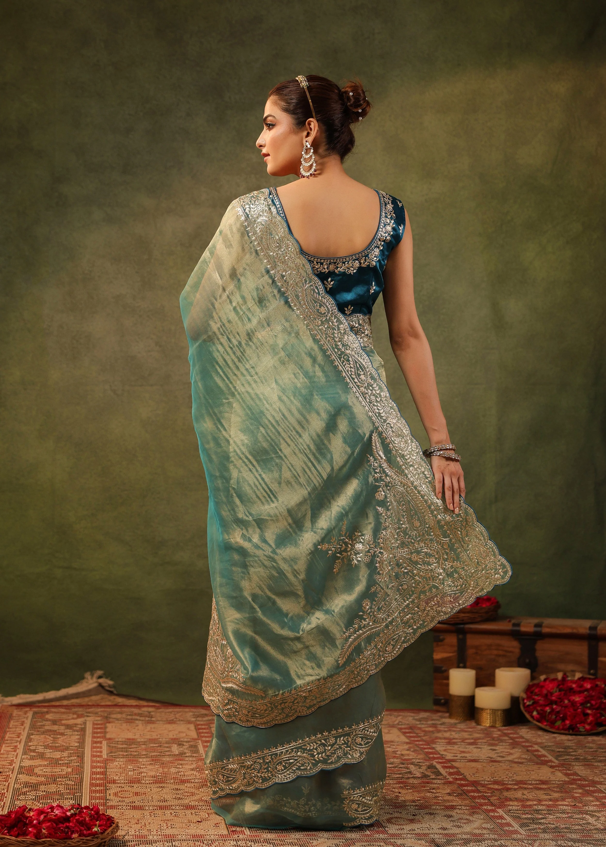 Sea Green Embroidered Organza Silk Saree - Image 8