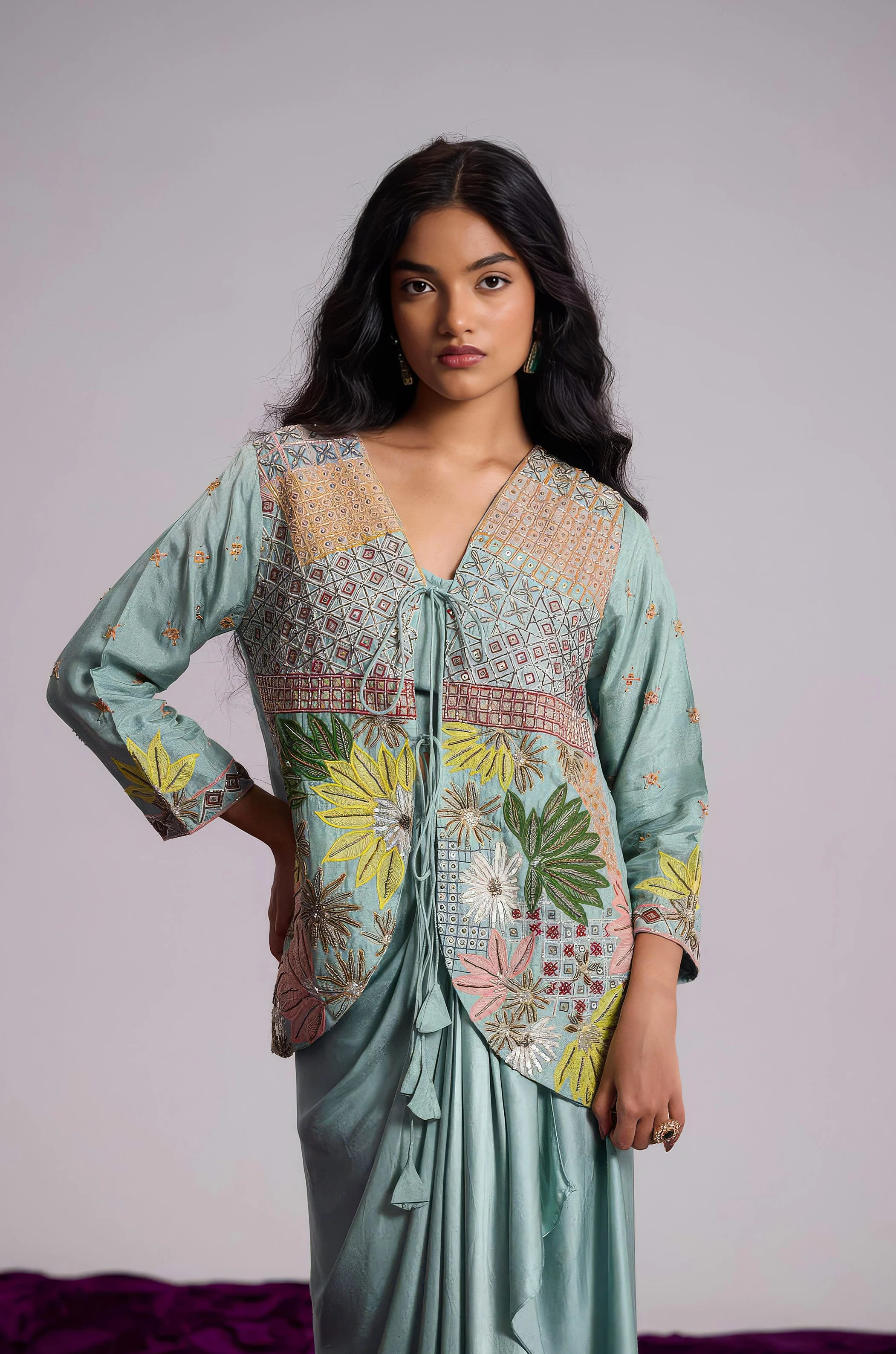 Aqua Green Embellished Satin Silk Skirt Set - Image 3