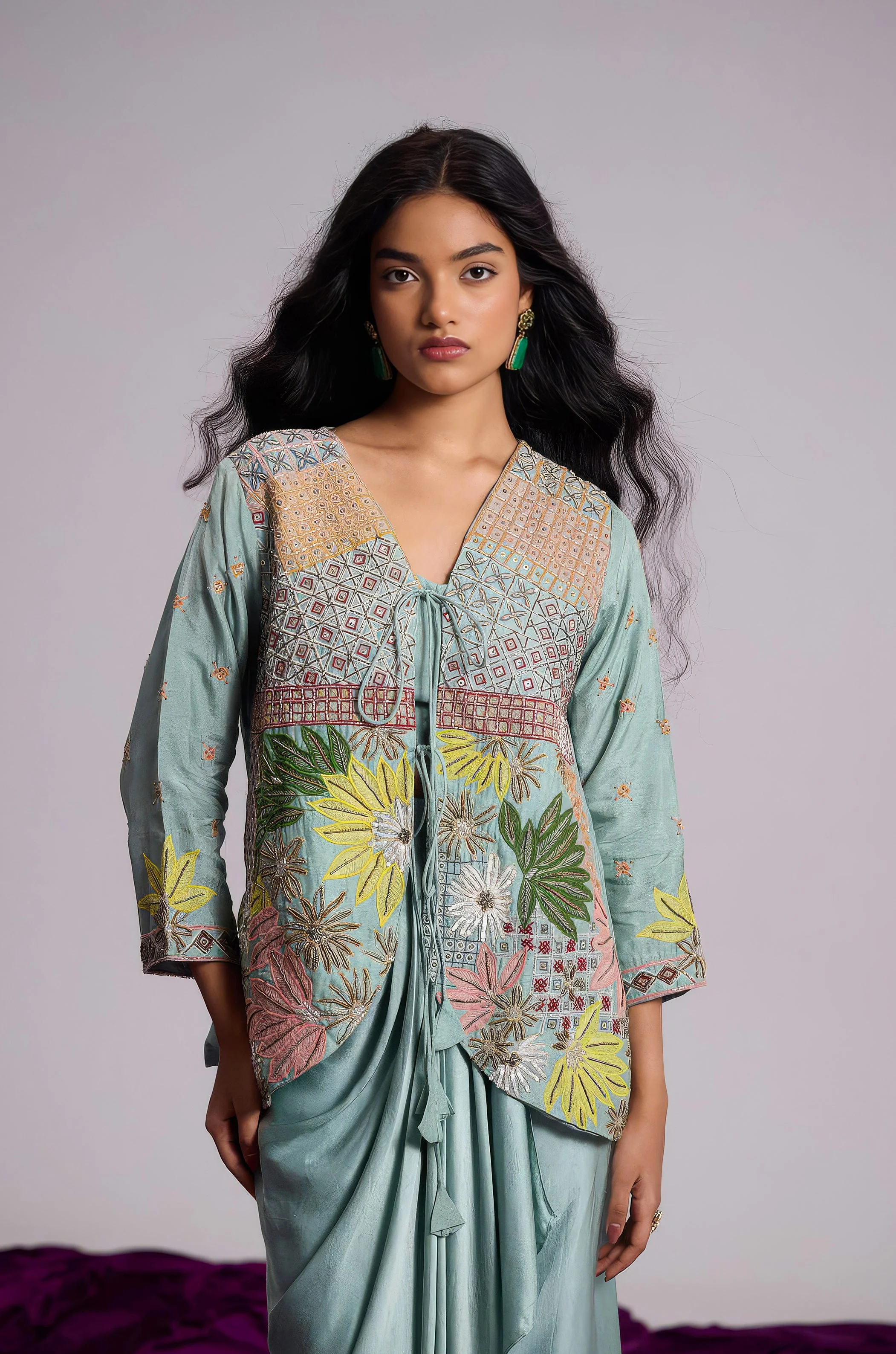 Aqua Green Embellished Satin Silk Skirt Set - Image 4