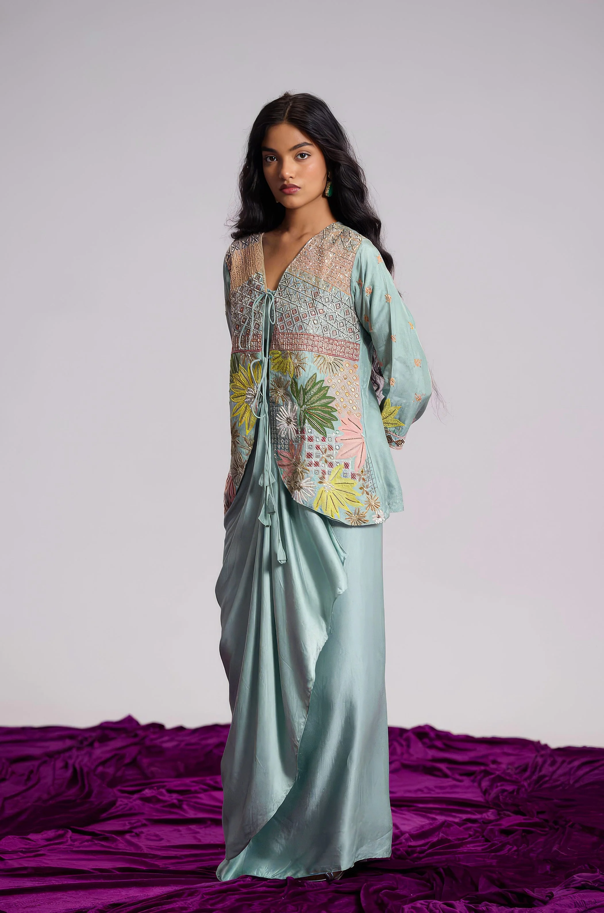 Aqua Green Embellished Satin Silk Skirt Set - Image 5