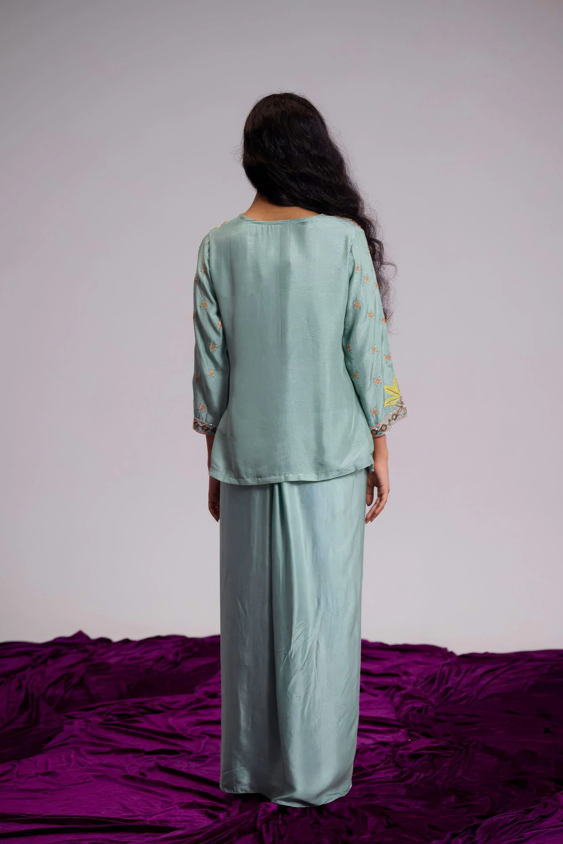 Aqua Green Embellished Satin Silk Skirt Set - Image 6