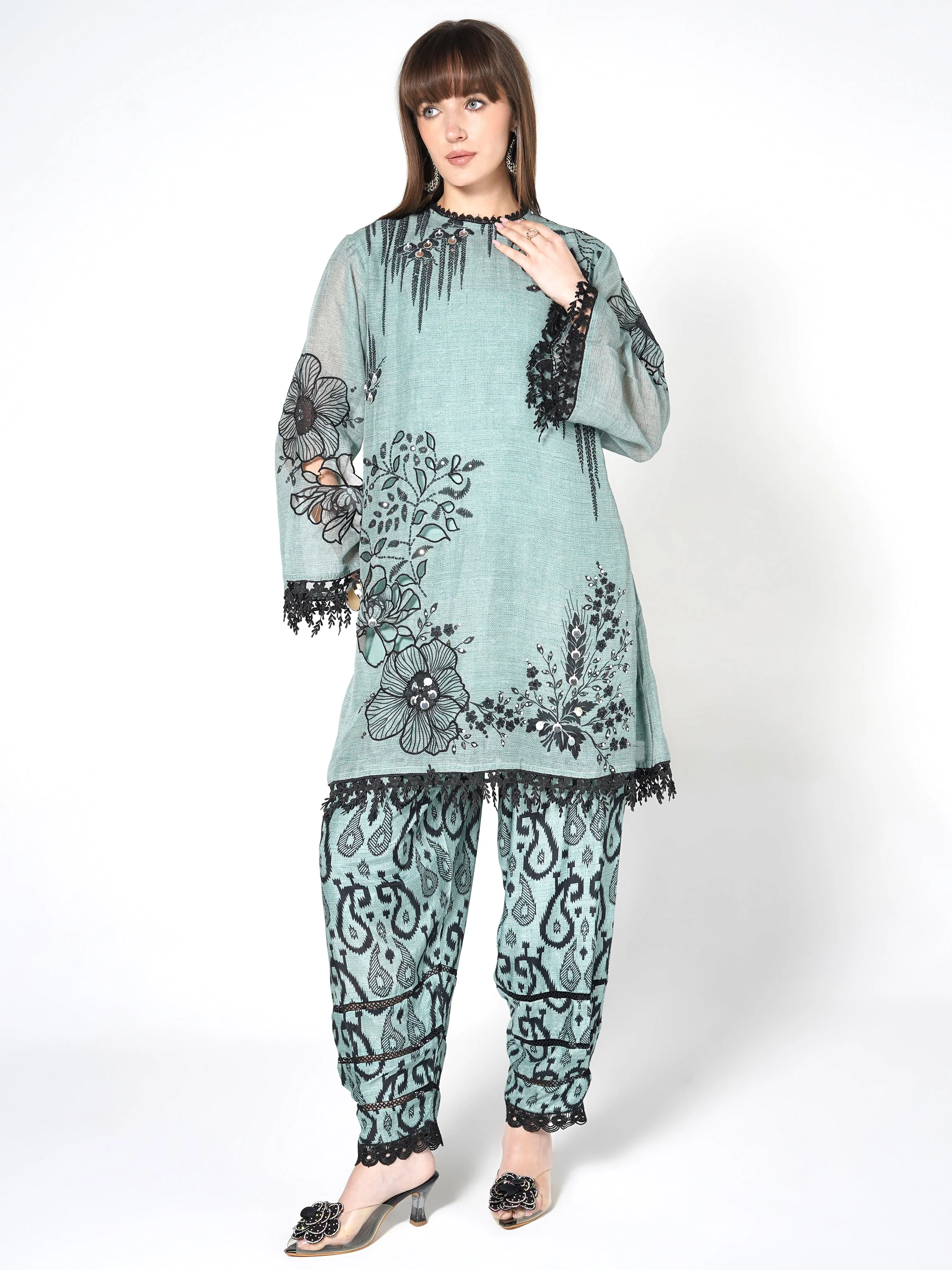Seafoam Blue Printed Linen Silk Co-Ord Set - Image 3