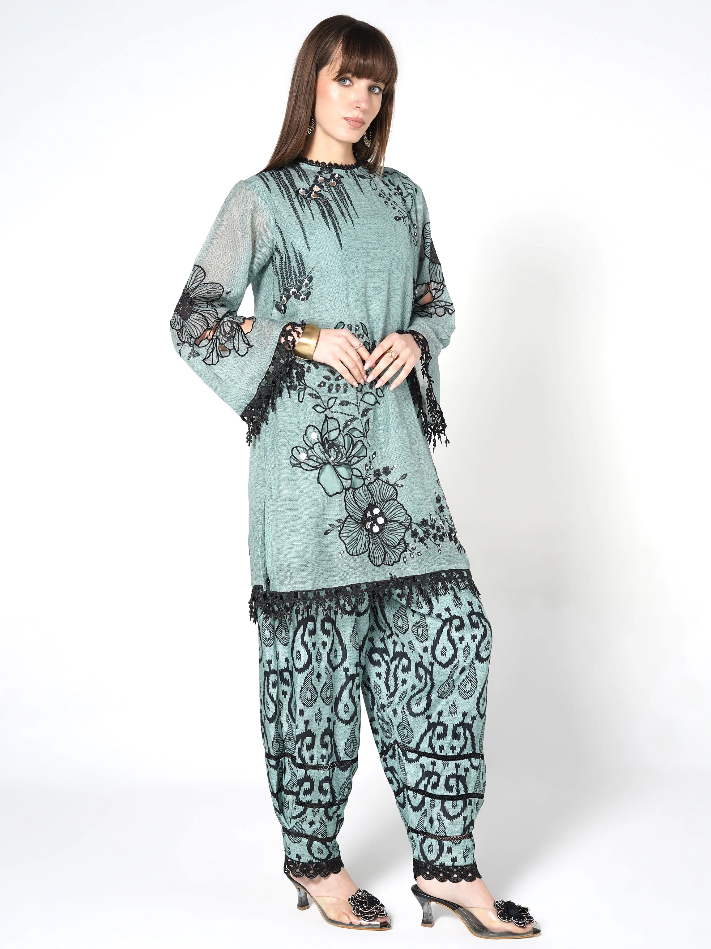 Seafoam Blue Printed Linen Silk Co-Ord Set - Image 5