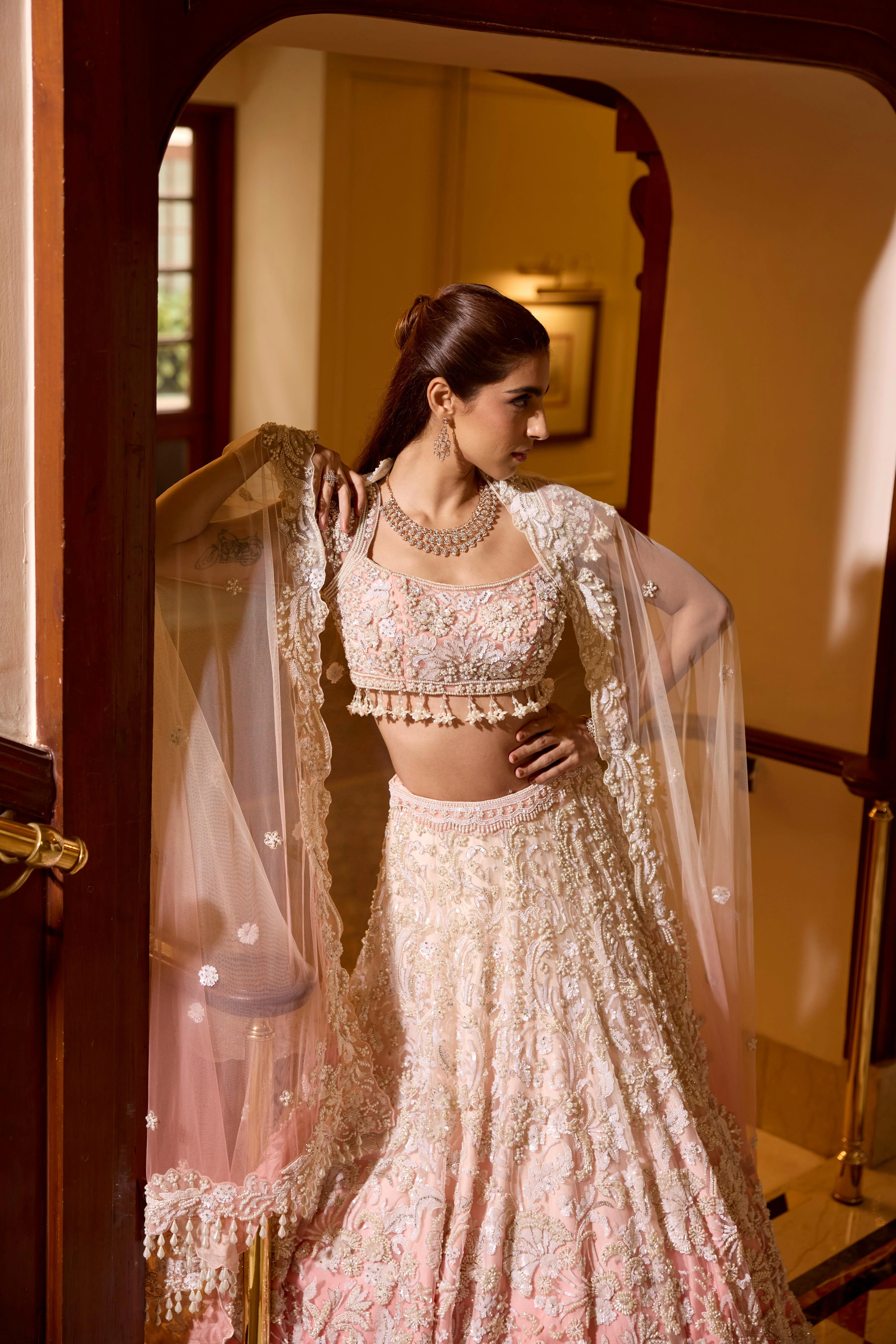 Blush Pink Ombre Embellished Premium Lehenga Set - Image 3