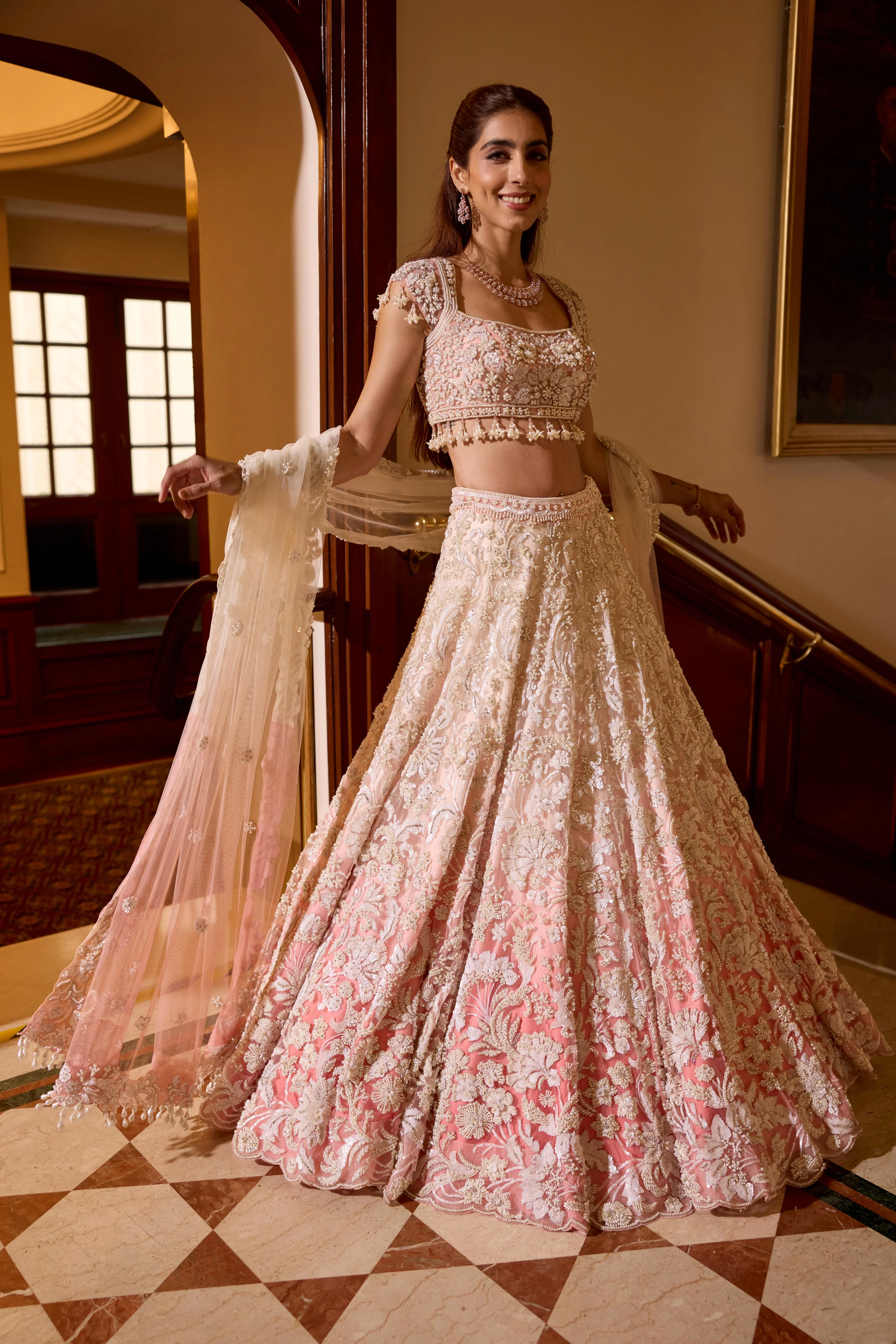 Blush Pink Ombre Embellished Premium Lehenga Set - Image 4