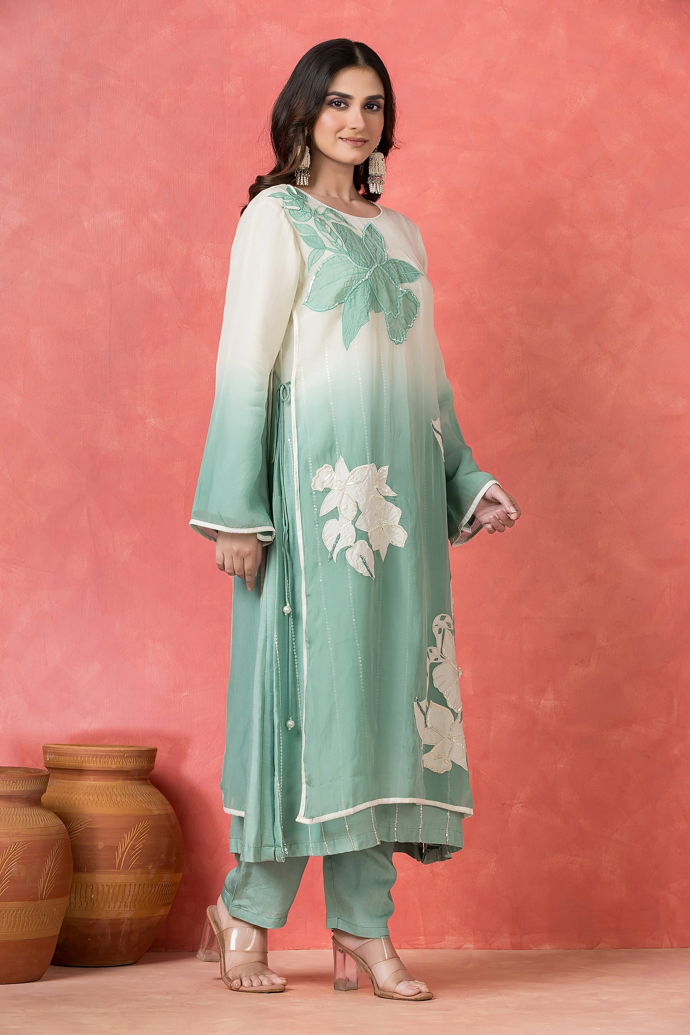 Seafoam Ombre Embellished Mul Chanderi Silk Kurta Set