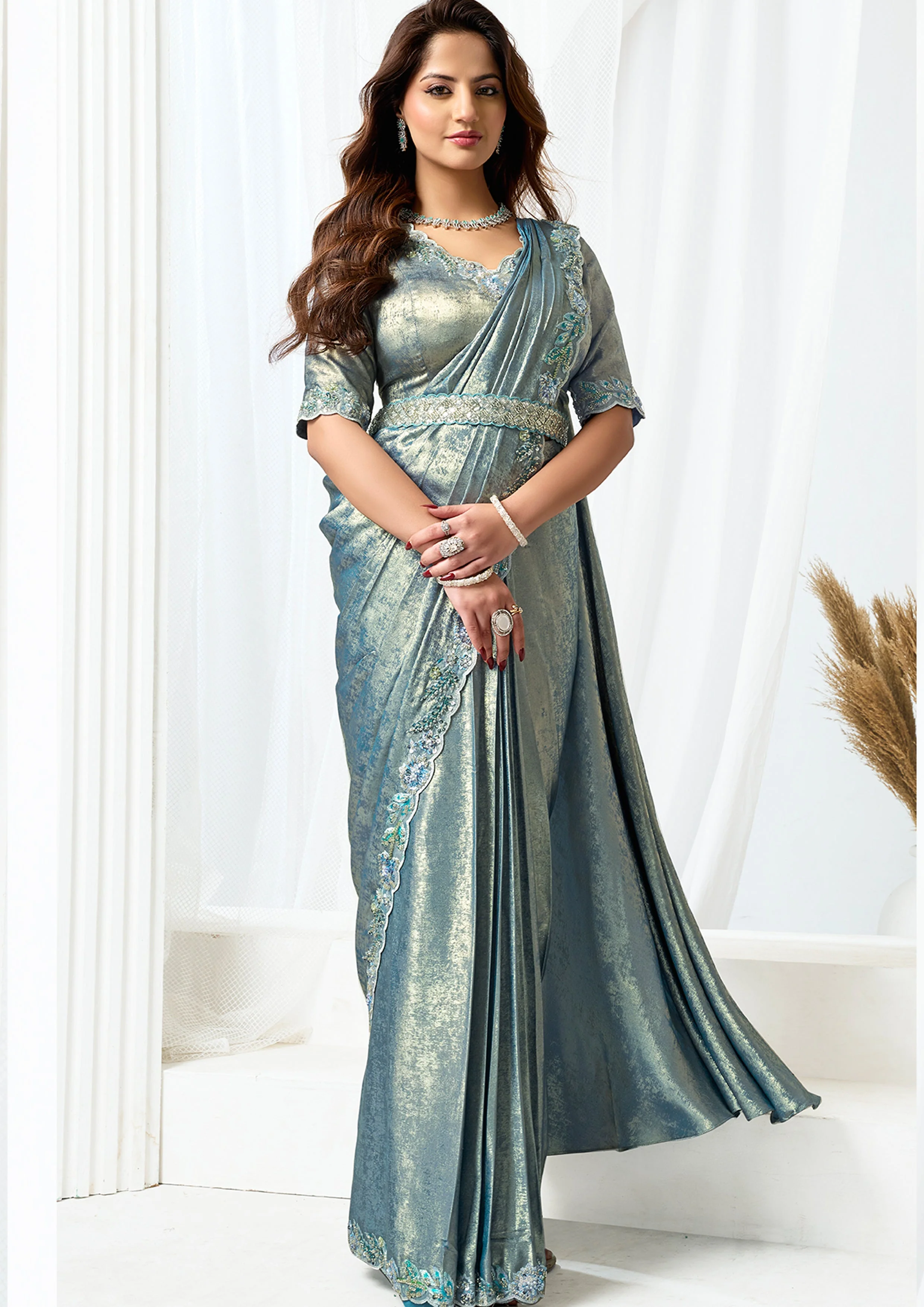 Metallic Grey Embellished Metallic Satin Silk Saree