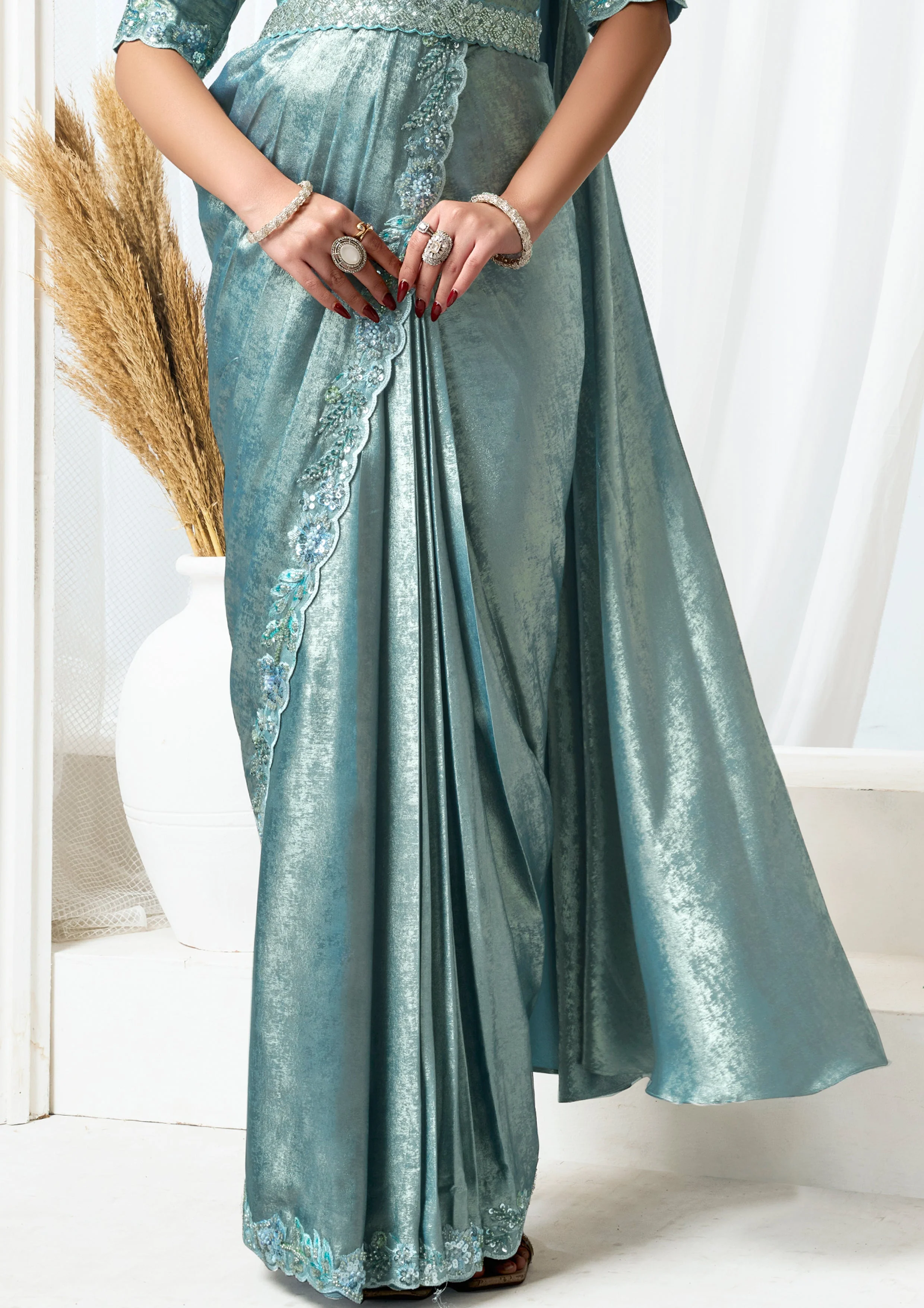 Metallic Grey Embellished Metallic Satin Silk Saree - Image 3