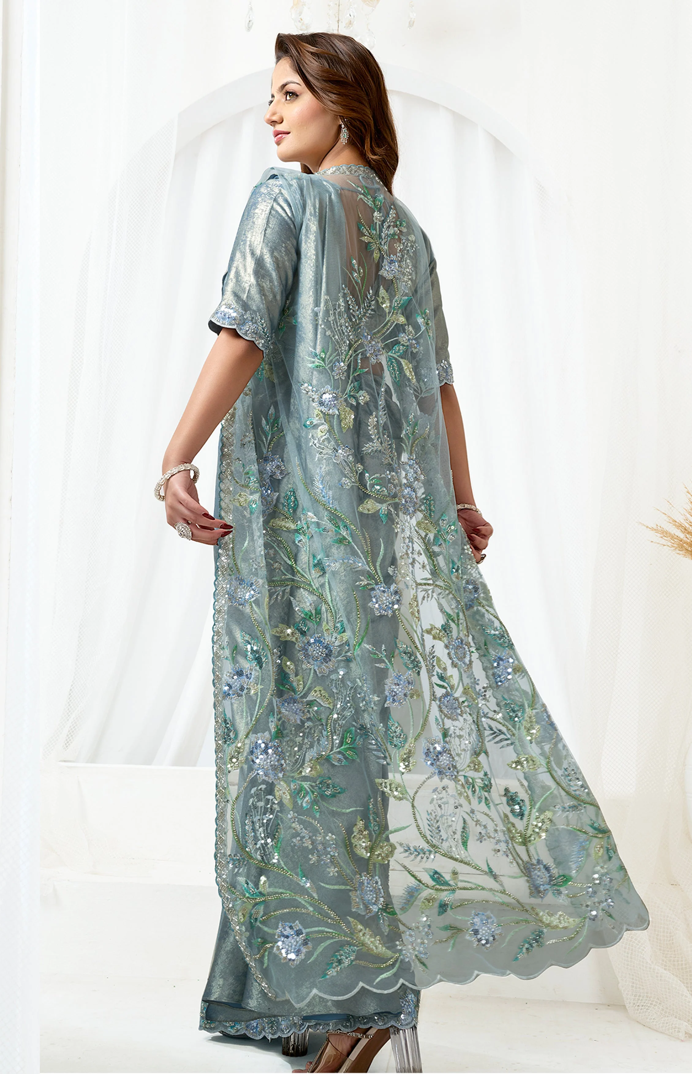 Metallic Grey Embellished Metallic Satin Silk Saree - Image 5