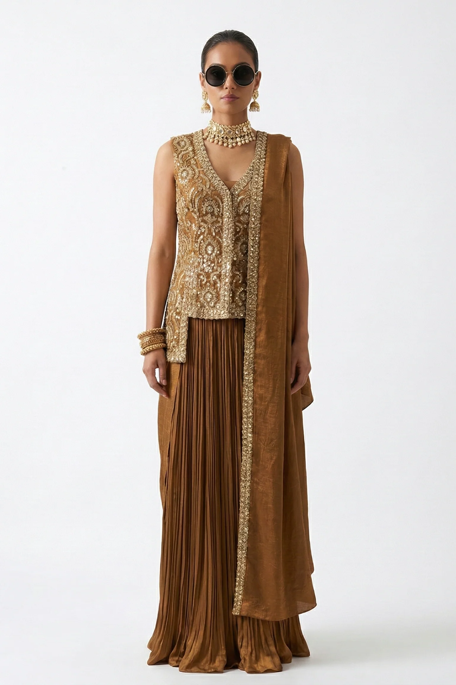 Sepia Brown Embellished Habutai Silk Skirt Set