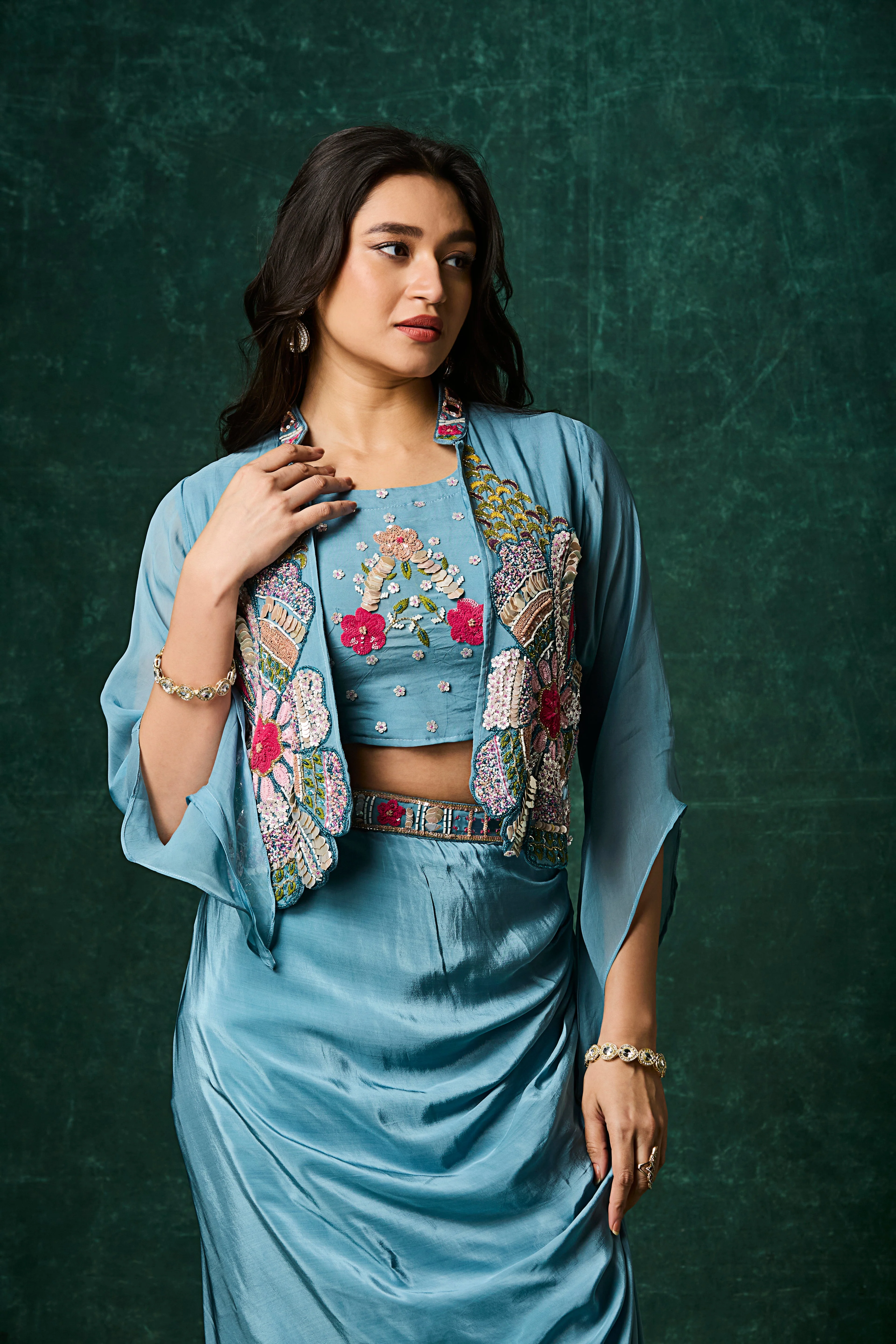 Ocean Blue Embellished Crepe Silk Skirt Set - Image 2
