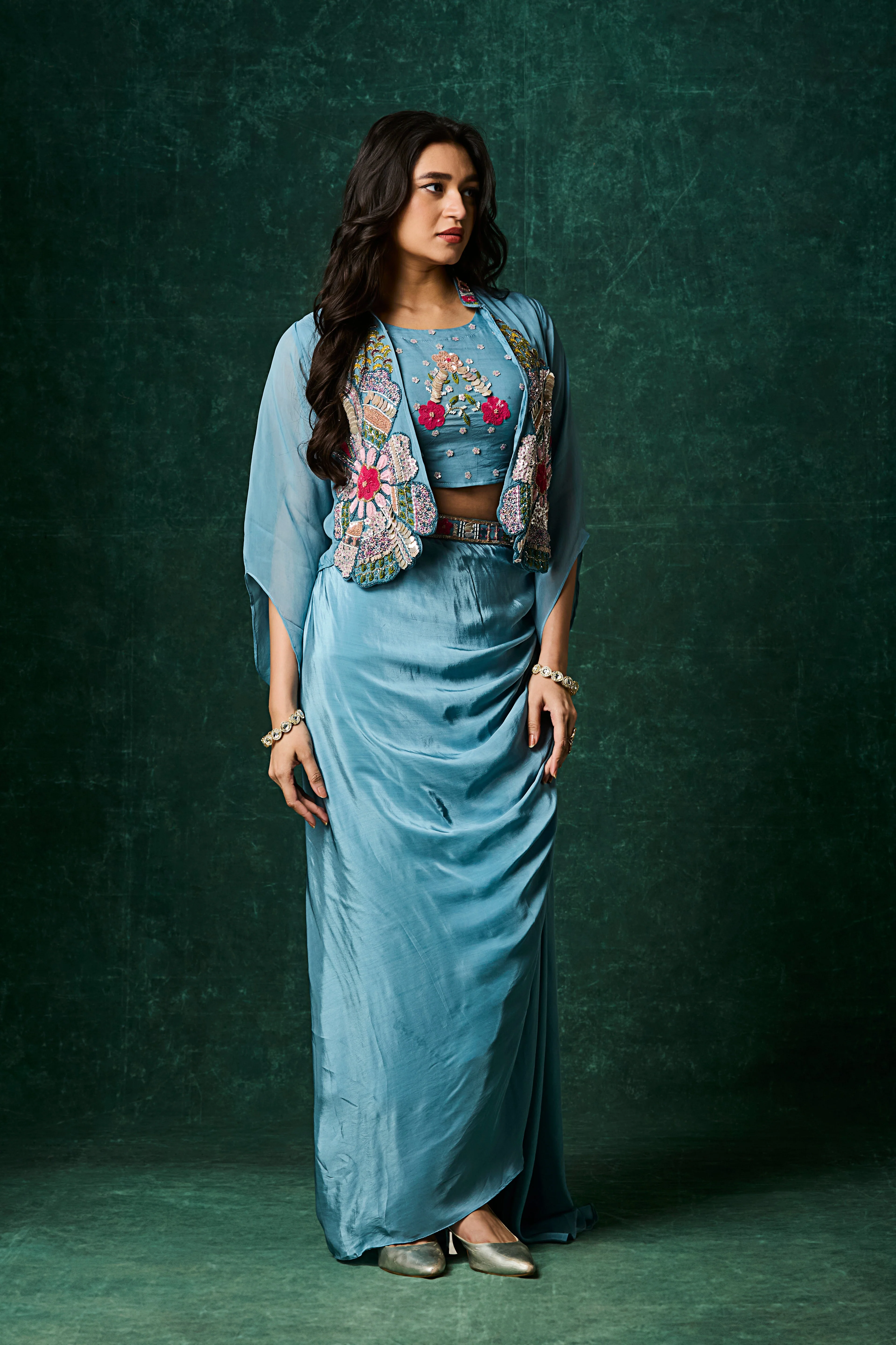 Ocean Blue Embellished Crepe Silk Skirt Set - Image 3