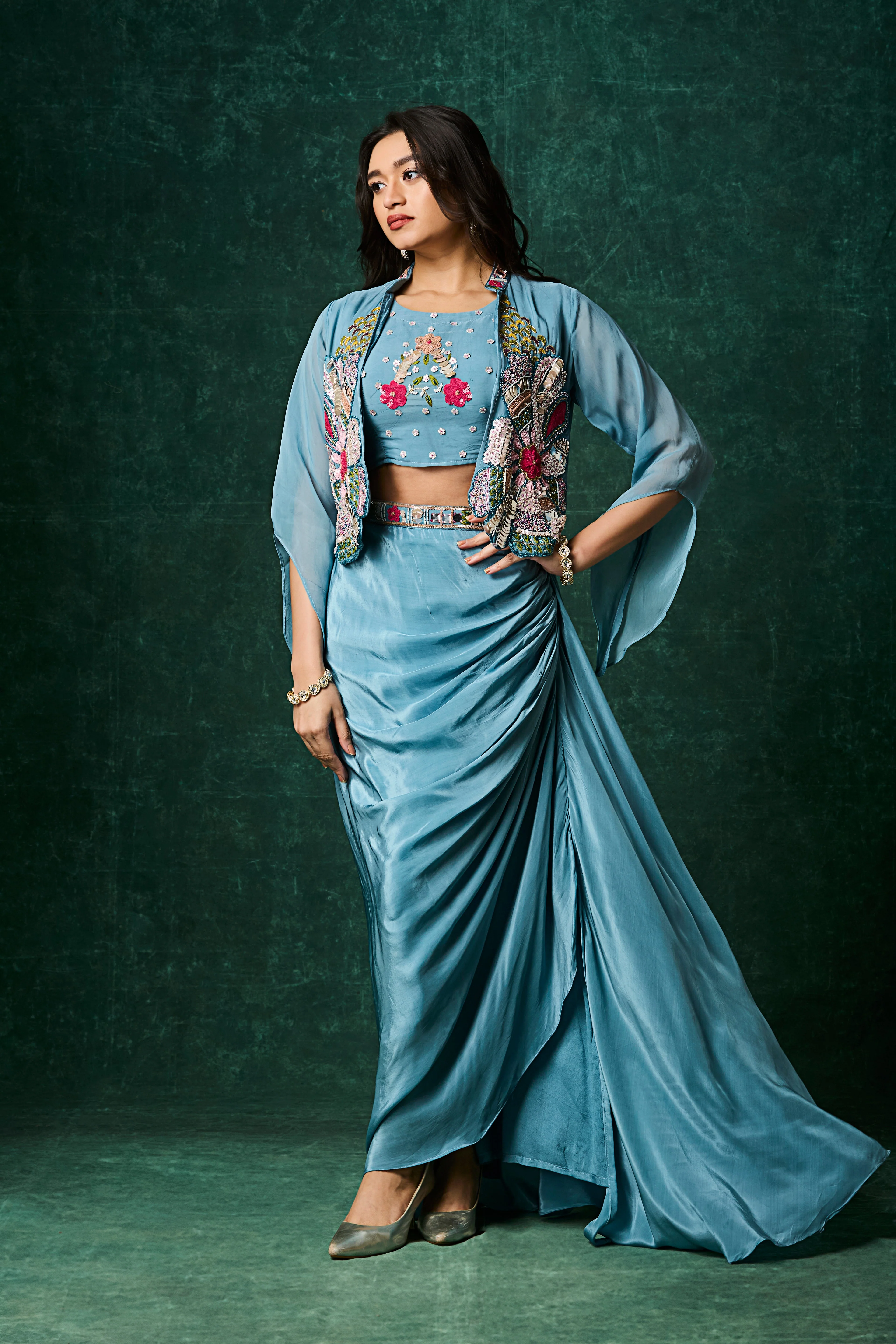 Ocean Blue Embellished Crepe Silk Skirt Set - Image 4