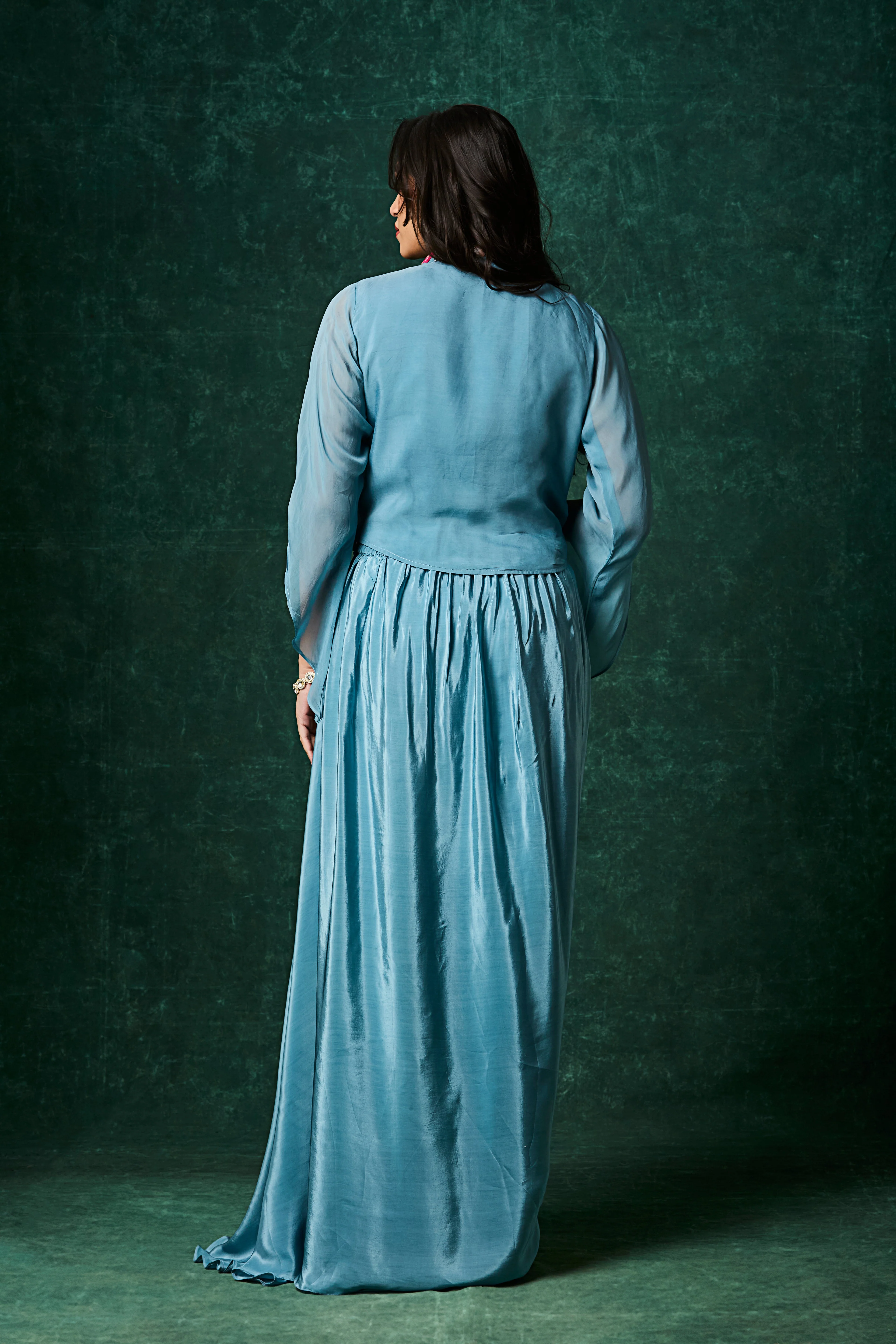 Ocean Blue Embellished Crepe Silk Skirt Set - Image 5