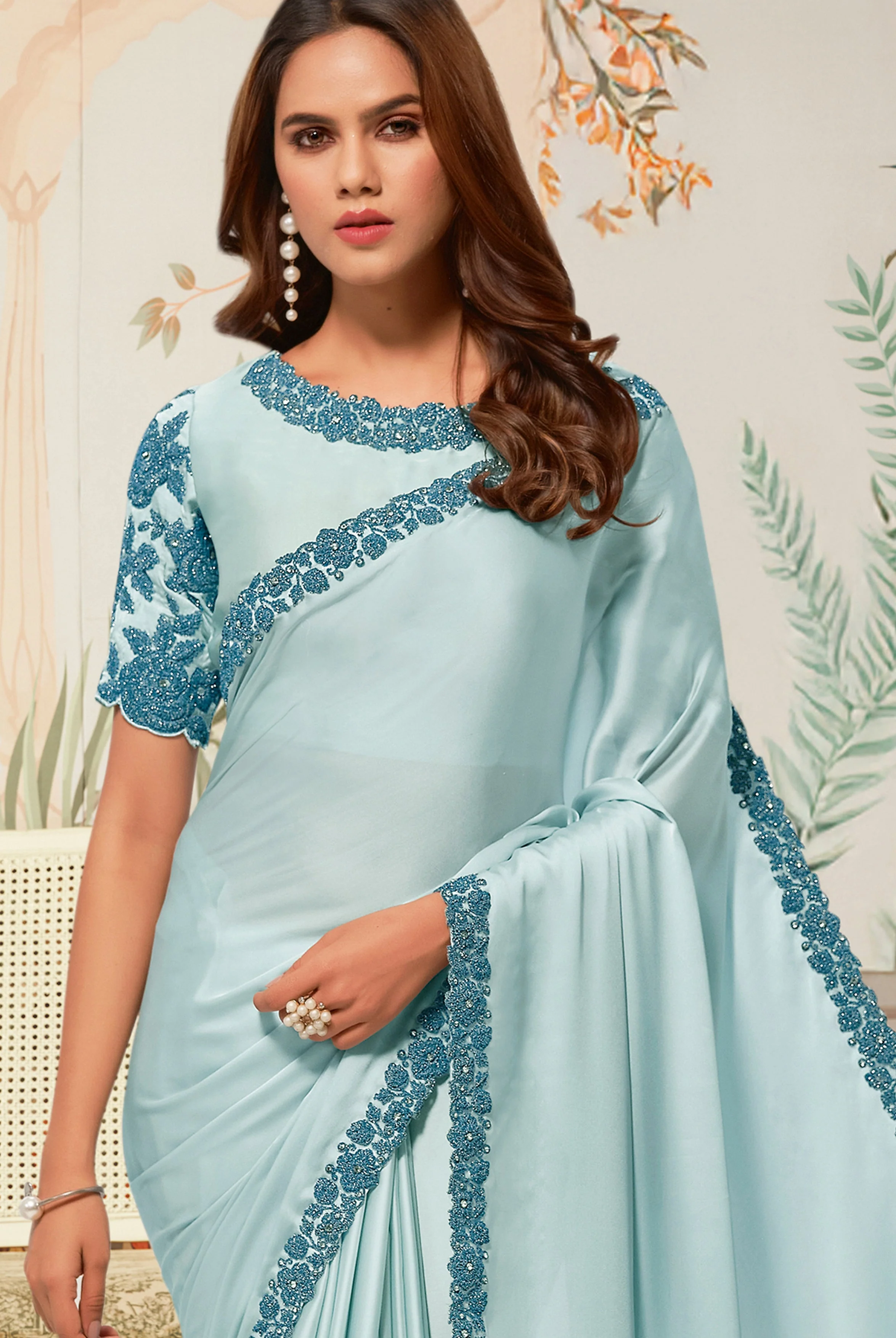 Serene Blue Embellished Satin Silk Saree - Image 2