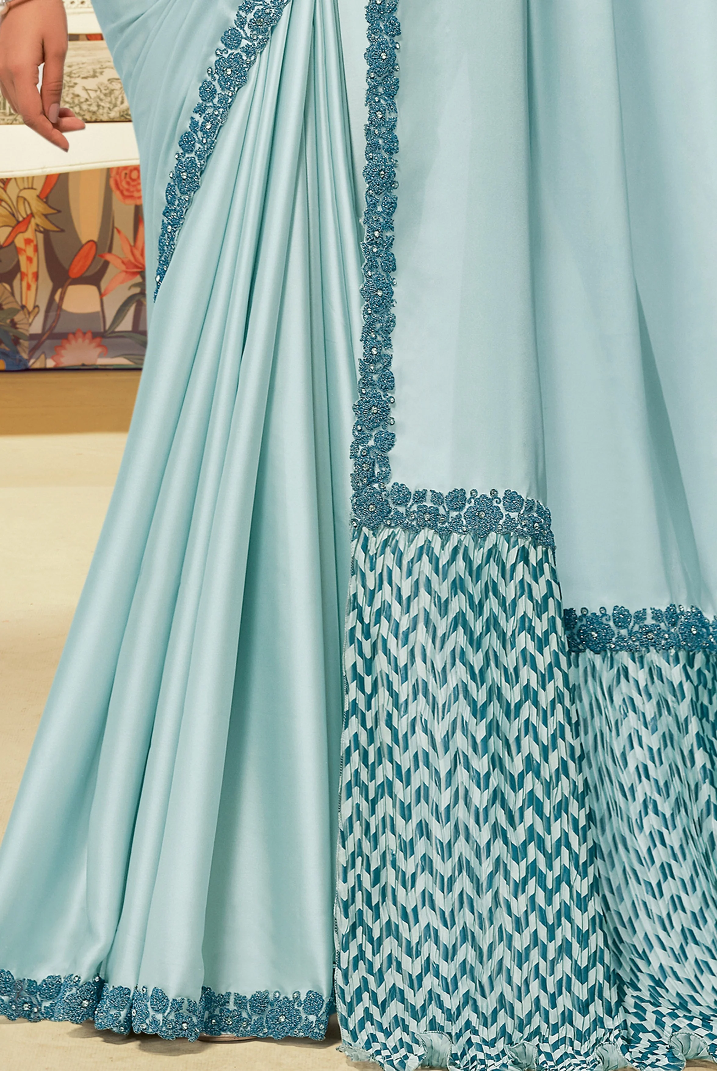Serene Blue Embellished Satin Silk Saree - Image 3