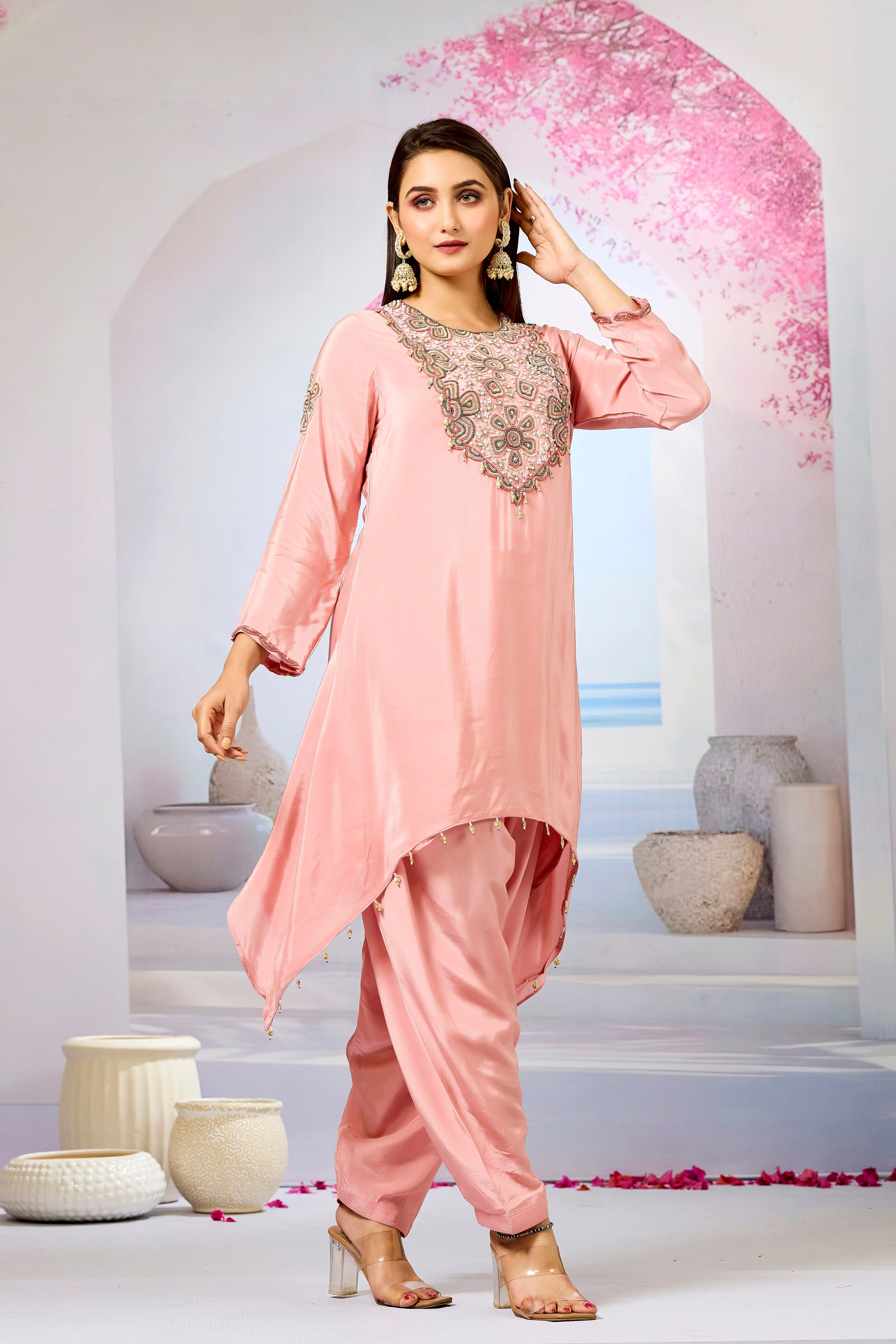 Pastel Pink Handwork Crepe Silk Kurta Set - Image 2