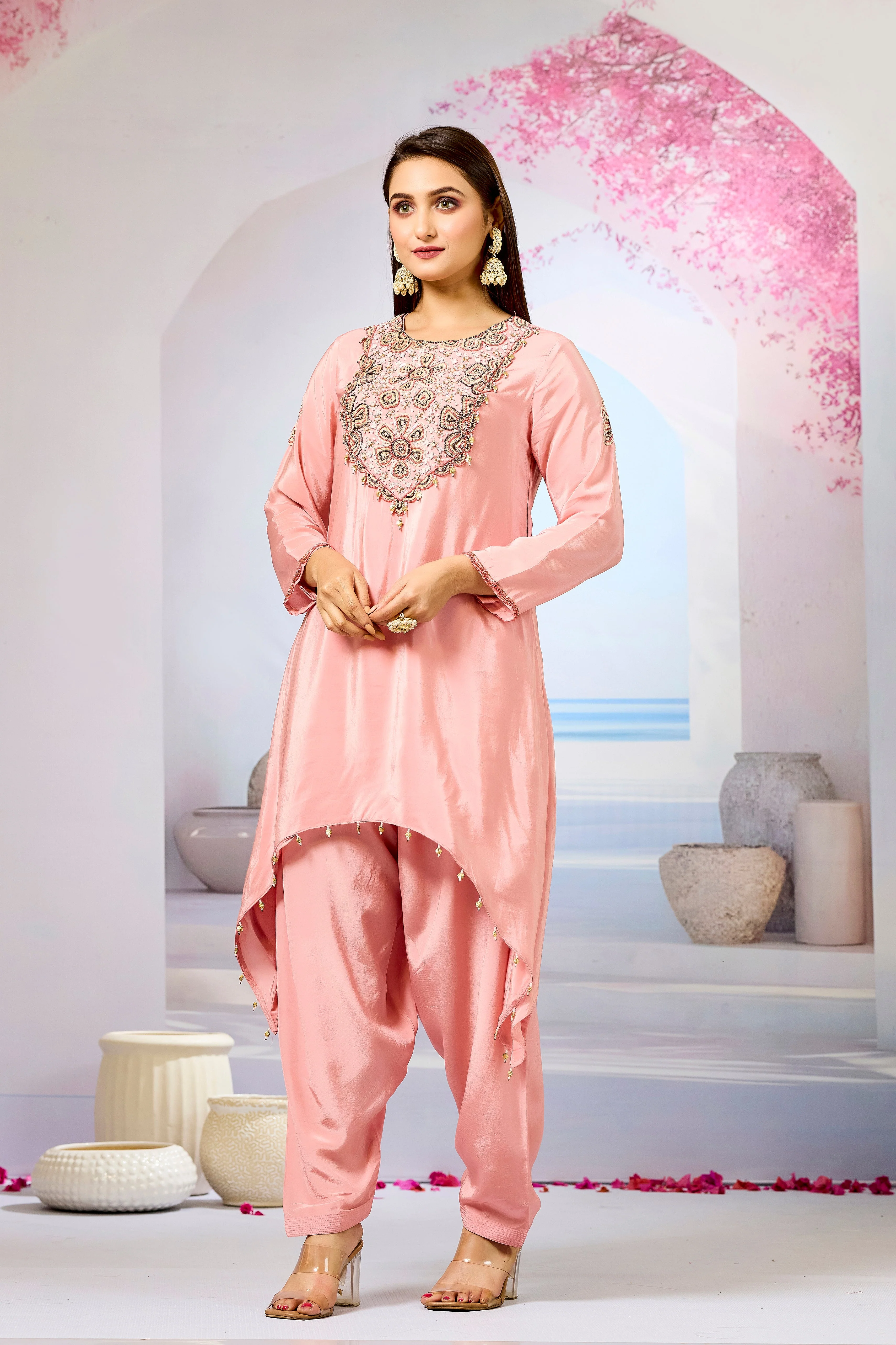 Pastel Pink Handwork Crepe Silk Kurta Set - Image 3