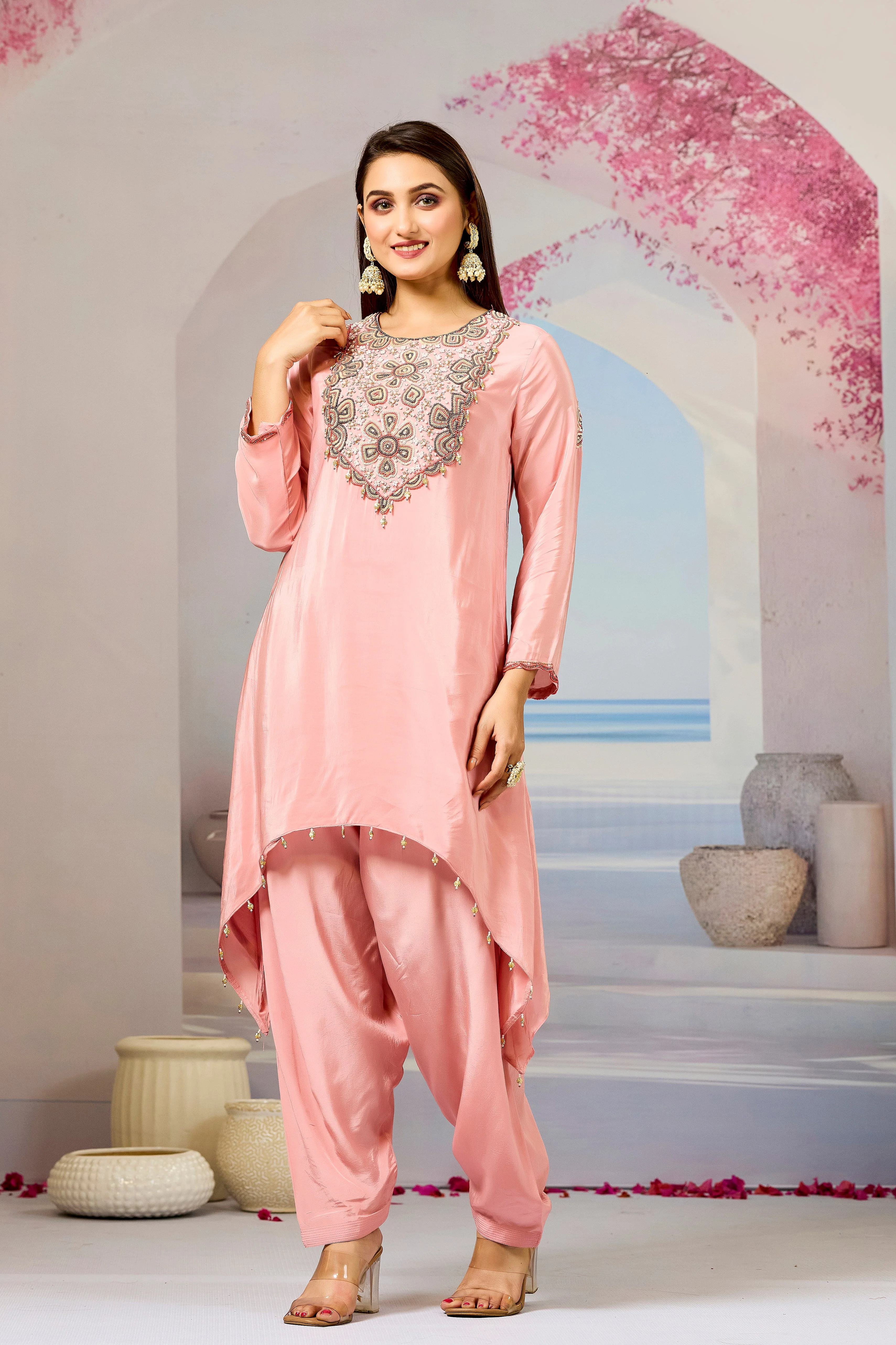 Pastel Pink Handwork Crepe Silk Kurta Set - Image 4