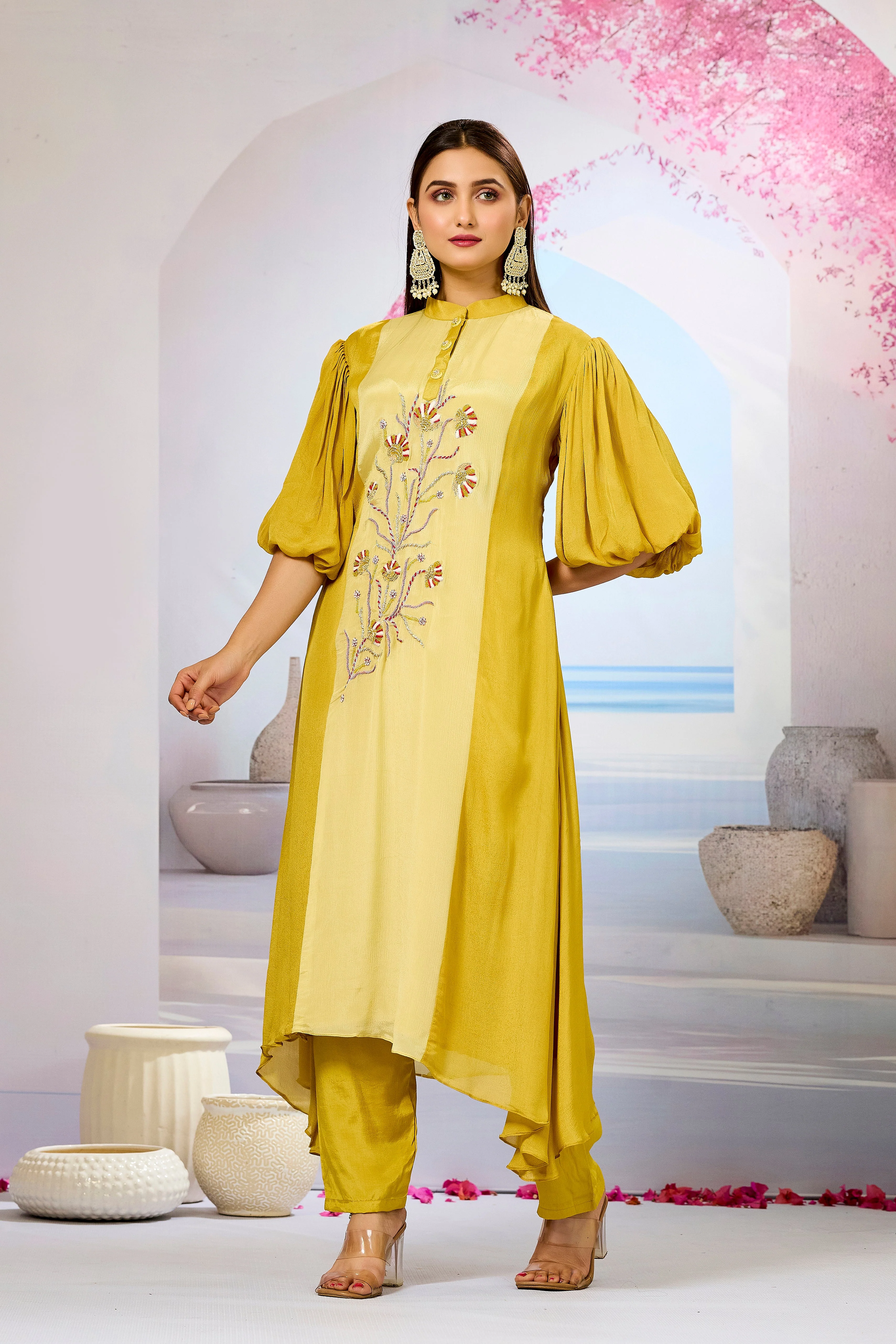 Yellow Shaded Chinon Silk Kurta Pants Set - Image 4