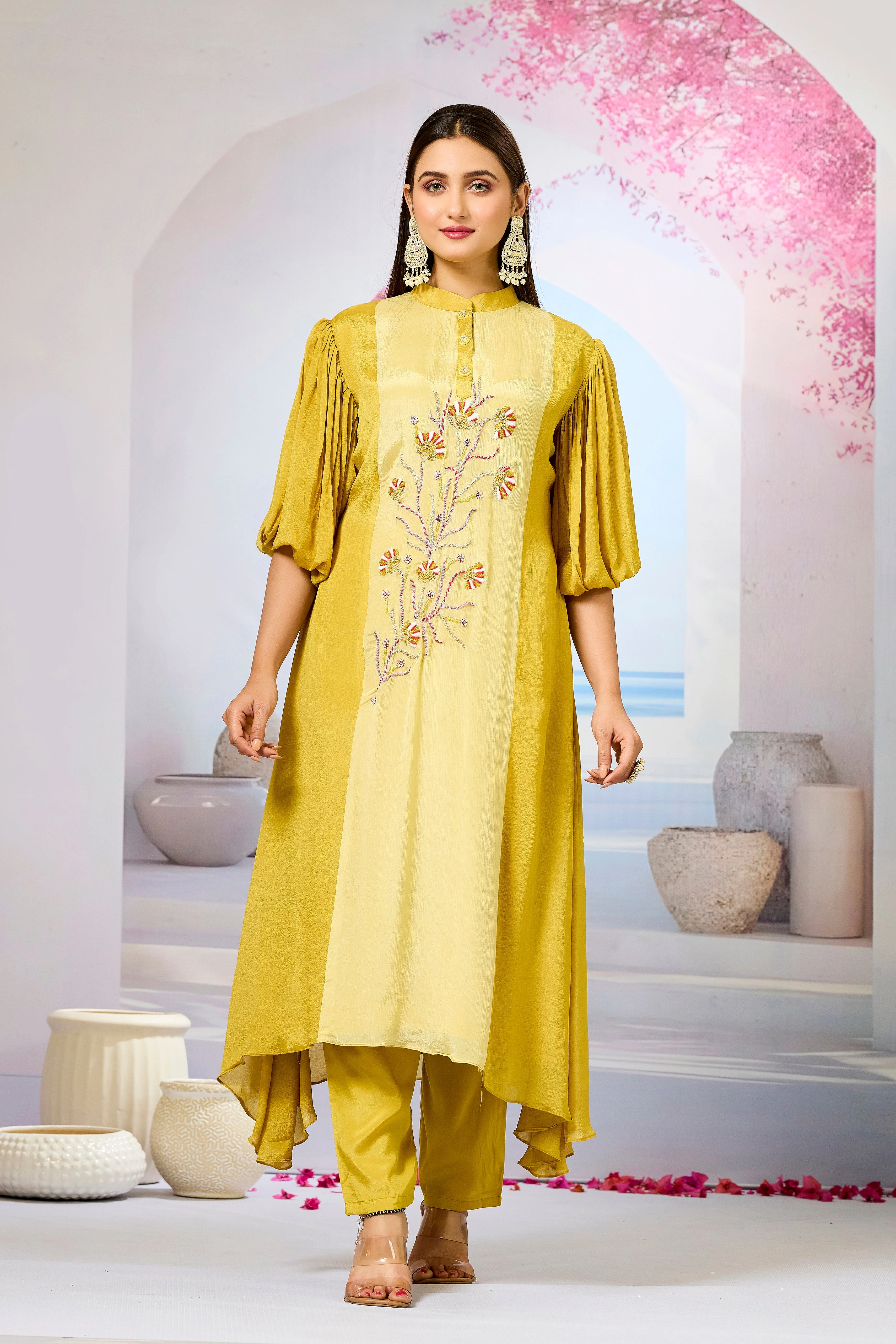 Yellow Shaded Chinon Silk Kurta Pants Set - Image 5