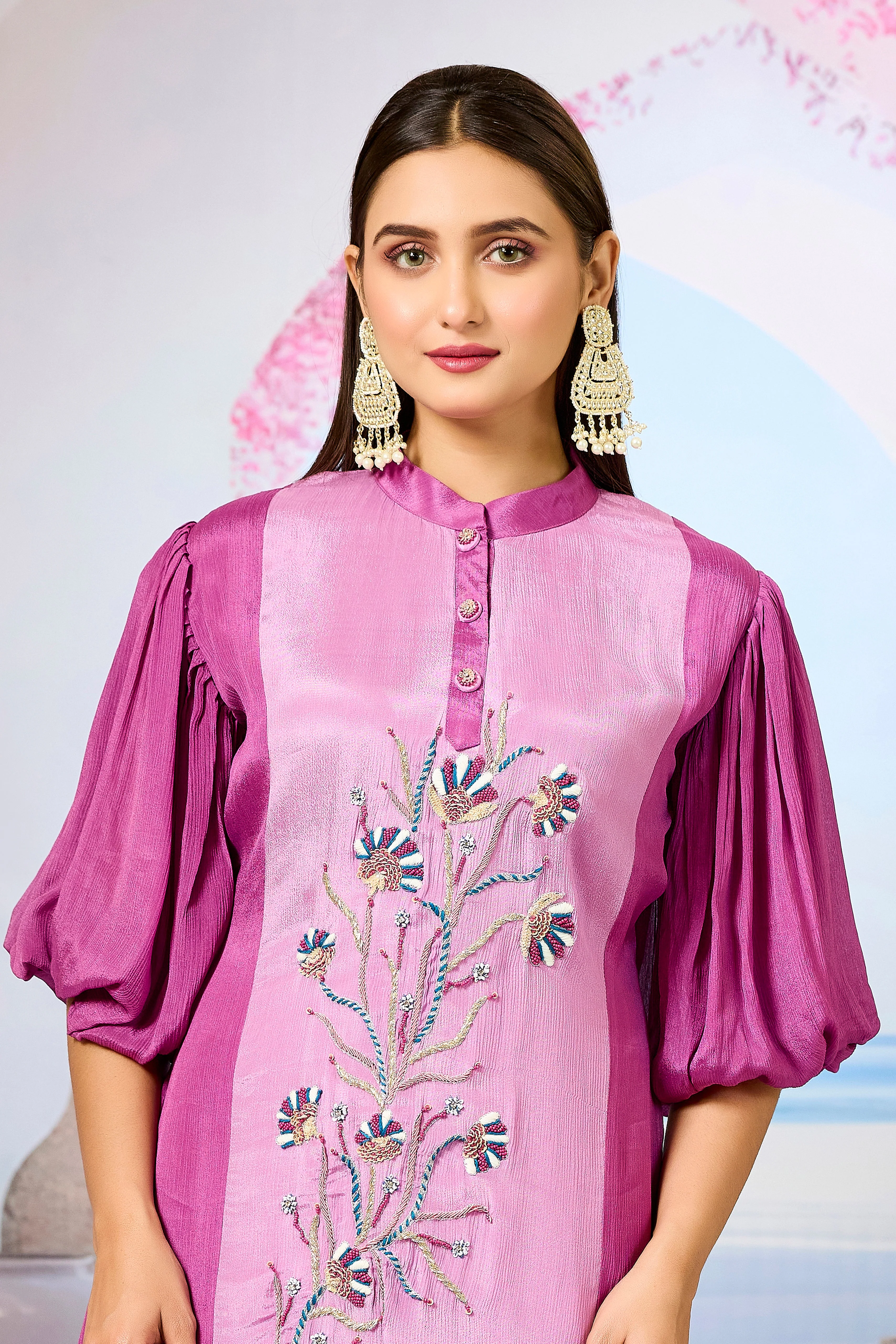 Pink Shaded Chinon Silk Kurta Pants Set - Image 2