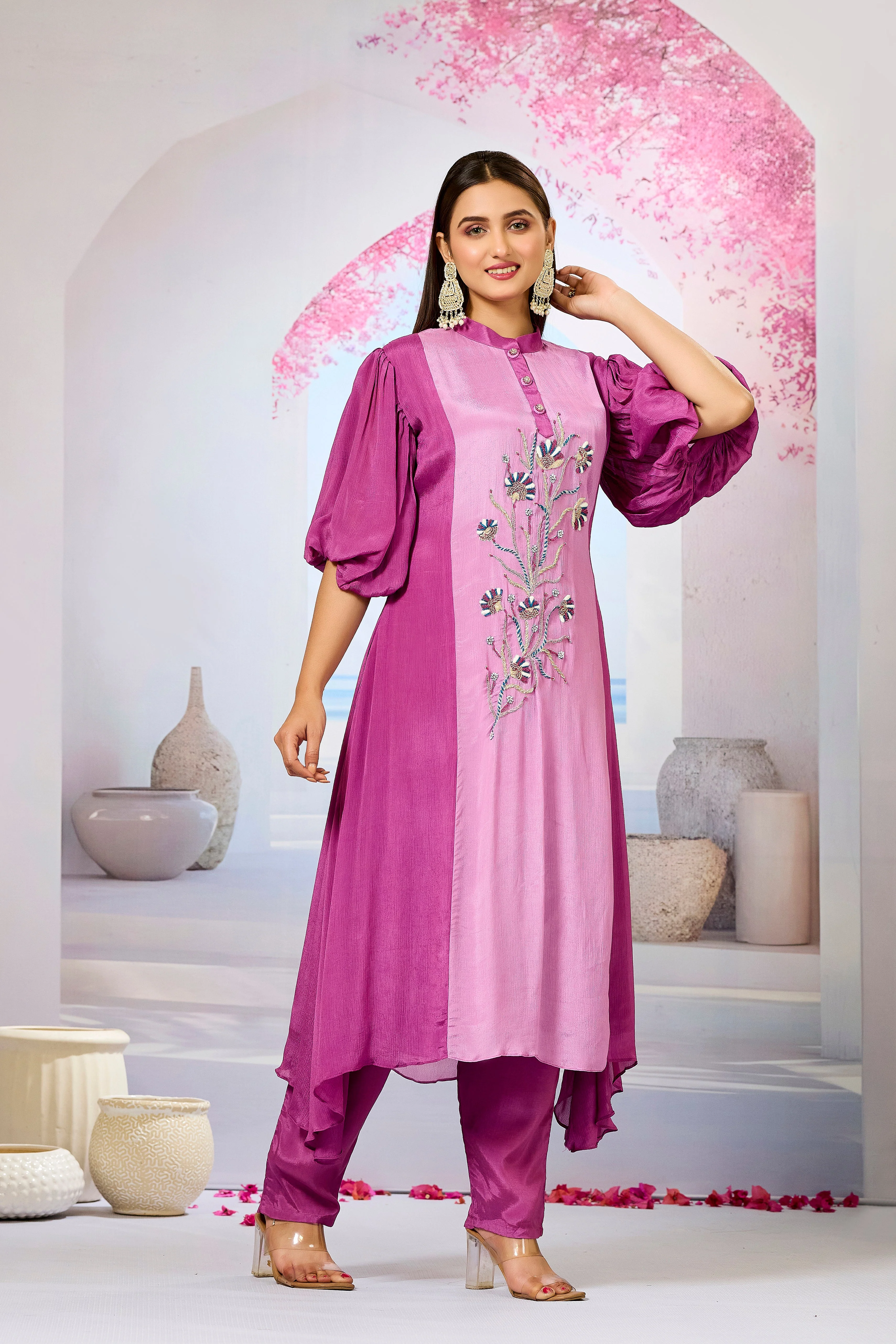 Pink Shaded Chinon Silk Kurta Pants Set - Image 3