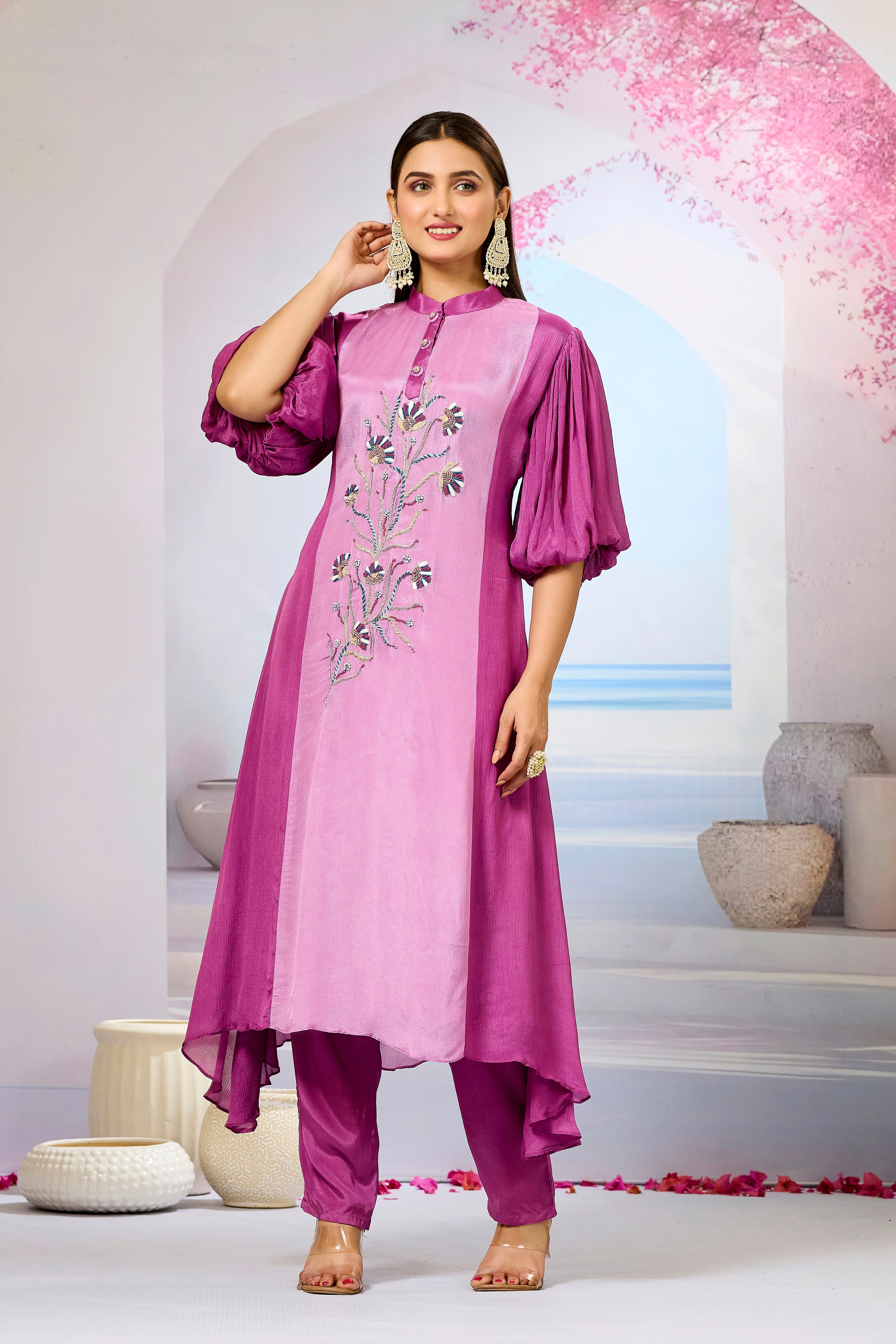 Pink Shaded Chinon Silk Kurta Pants Set - Image 4