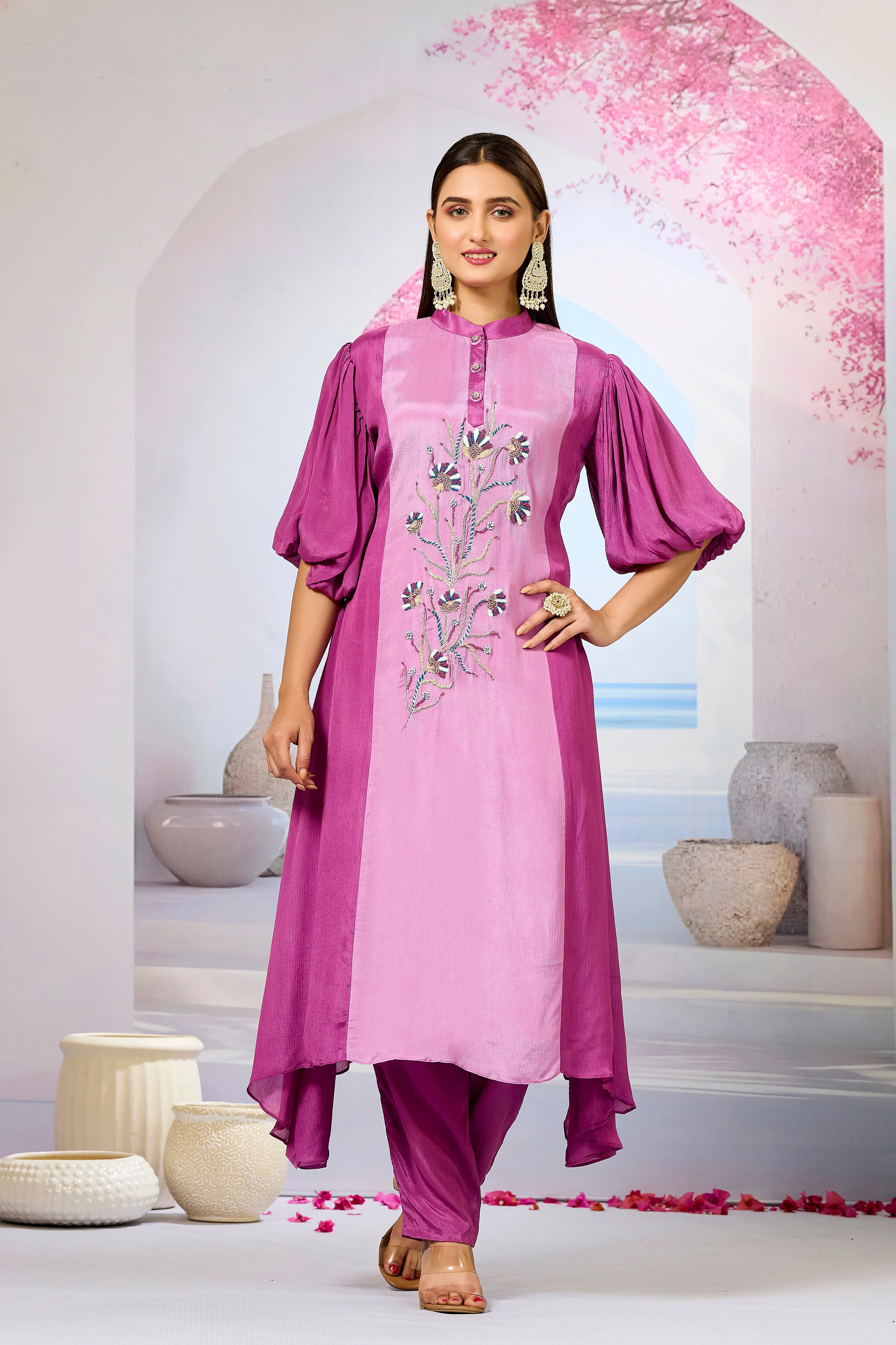 Pink Shaded Chinon Silk Kurta Pants Set - Image 5