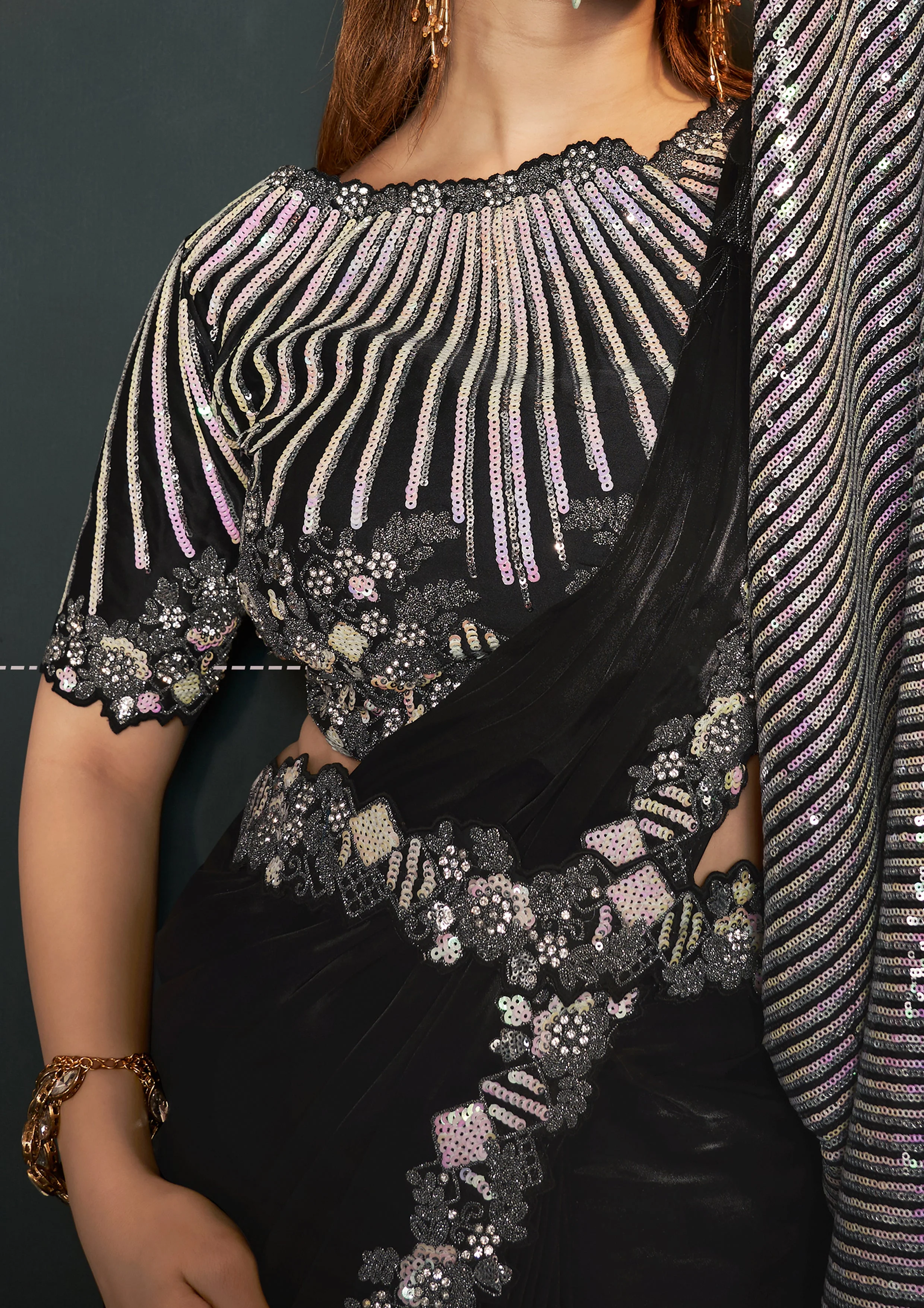Shadow Black Embellished Crepe Satin Silk Saree - Image 2