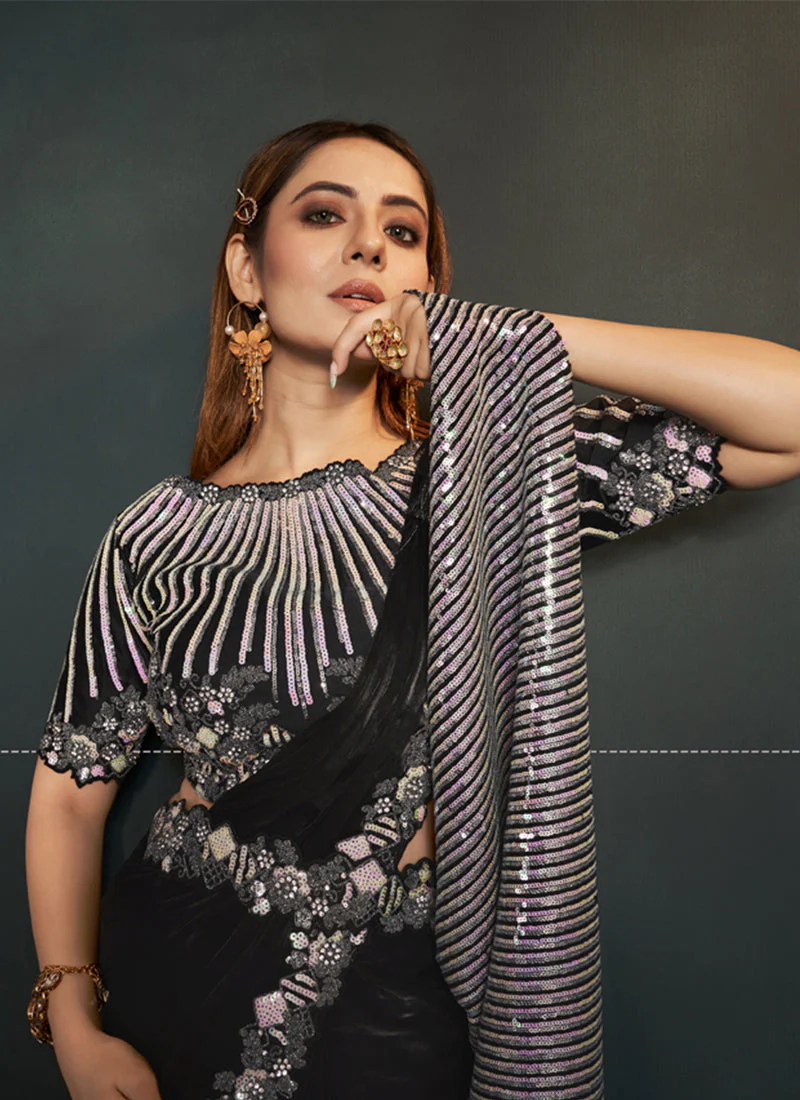 Shadow Black Embellished Crepe Satin Silk Saree - Image 3