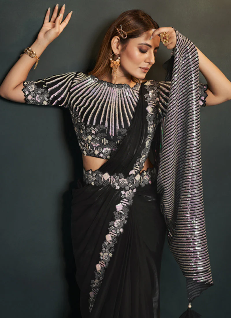 Shadow Black Embellished Crepe Satin Silk Saree - Image 4