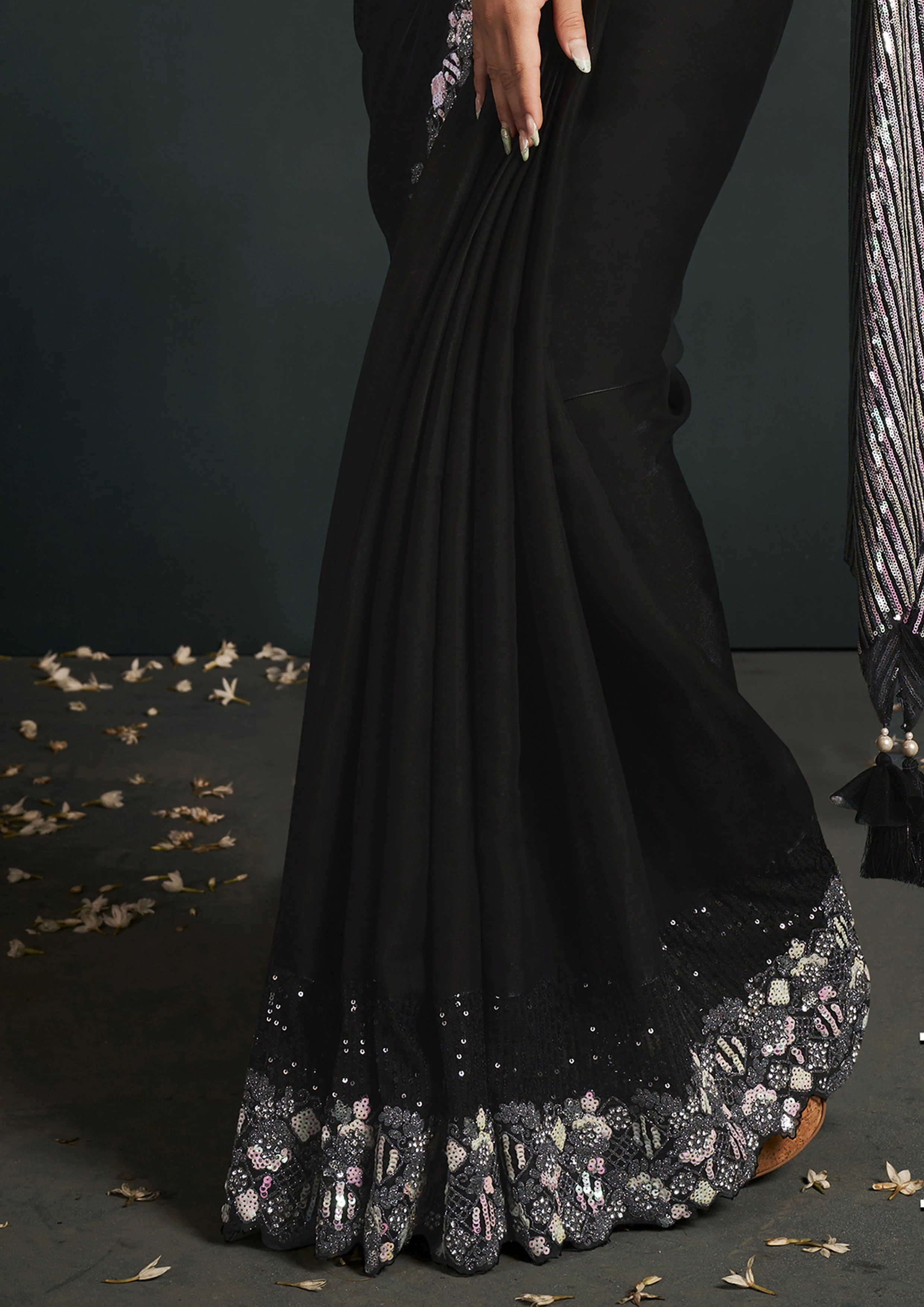 Shadow Black Embellished Crepe Satin Silk Saree - Image 5