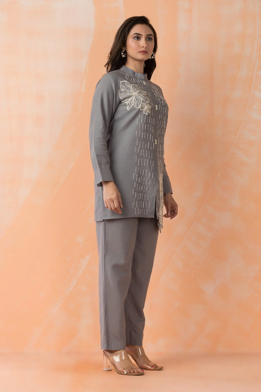 Shadow Grey Embroidered Cotton Co-Ord Set - Image 2