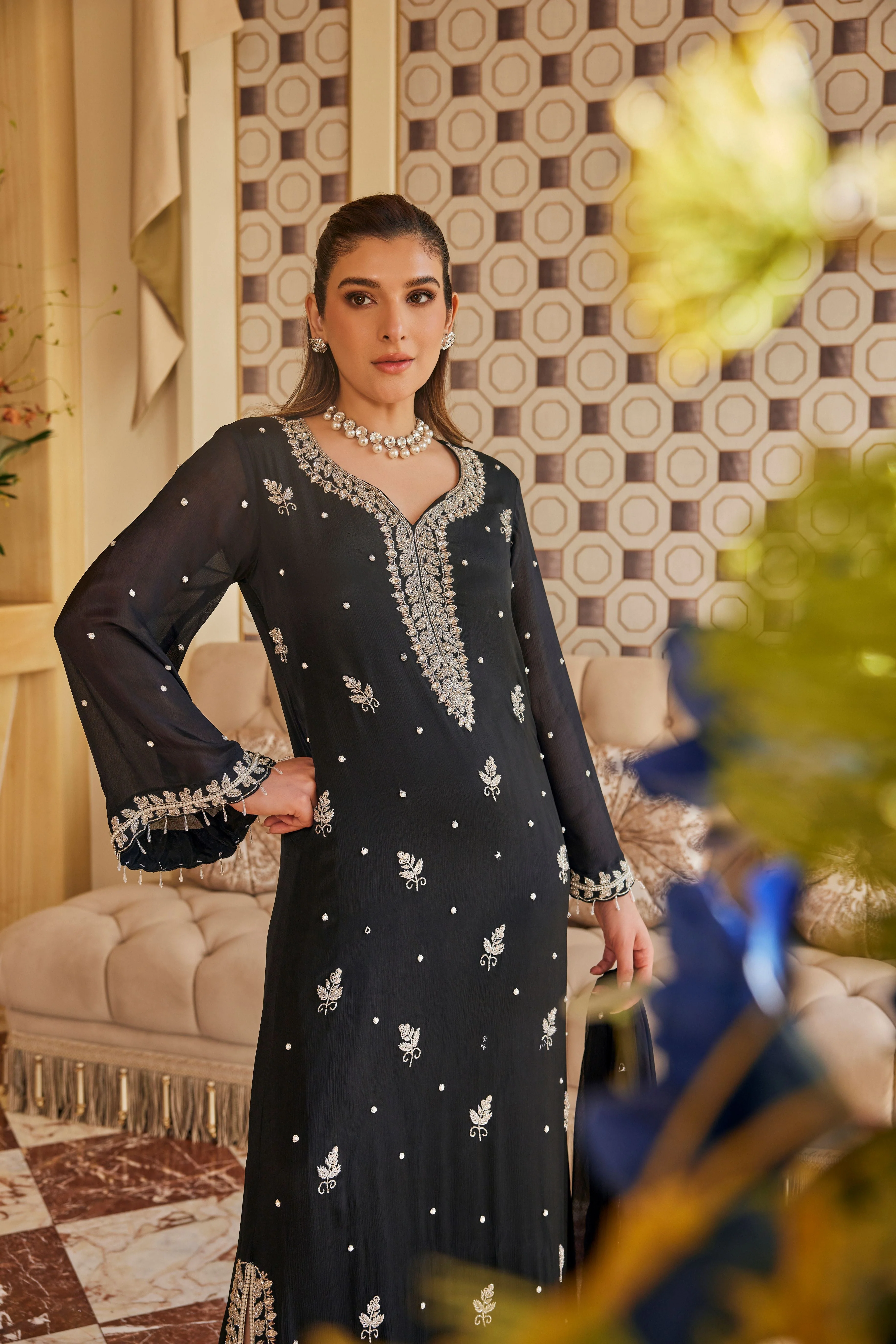 Shahi Black Embellished Crepe Silk Pant Set - Image 2