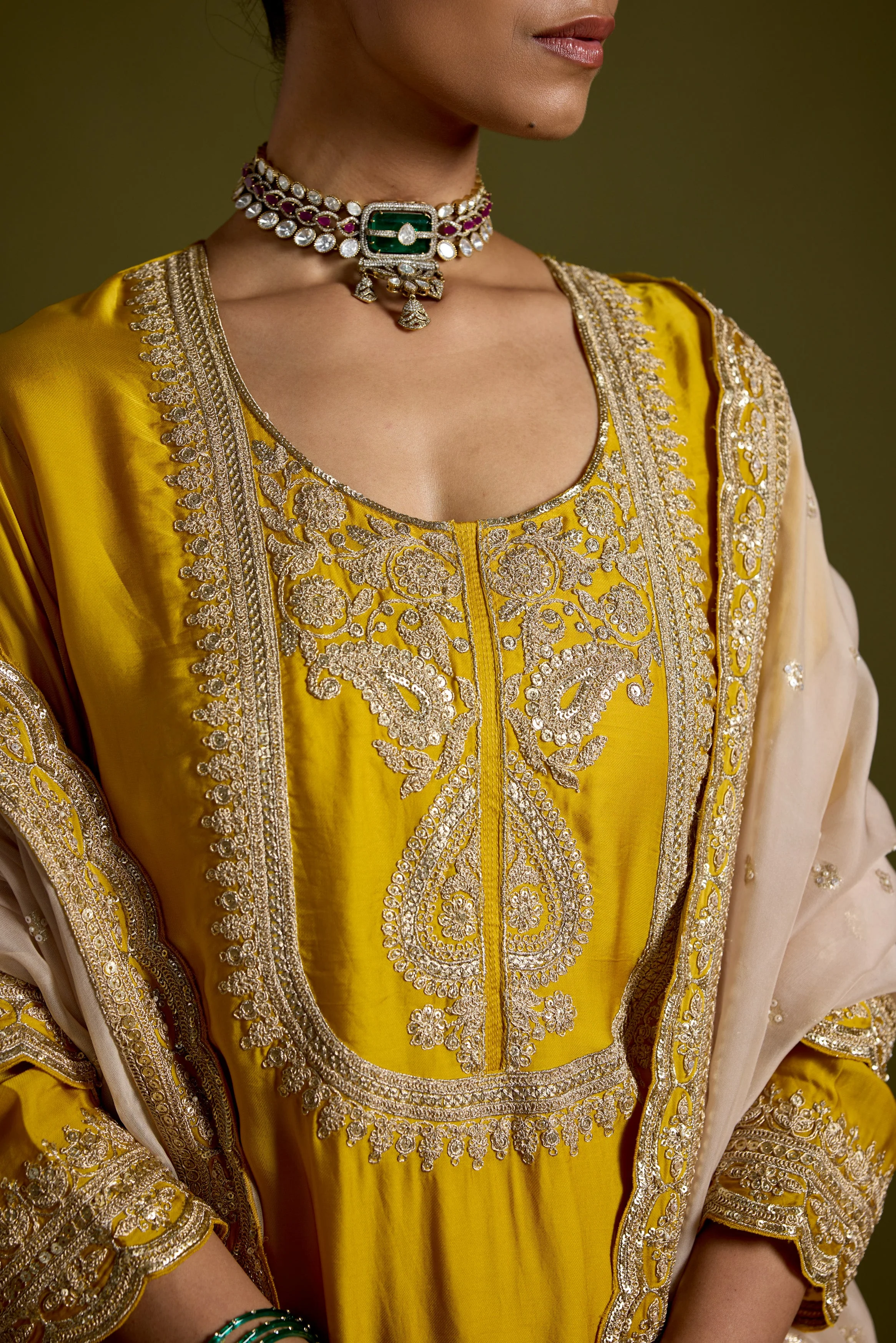 Yellow Embellished Satin Silk Sharara Set - Image 2
