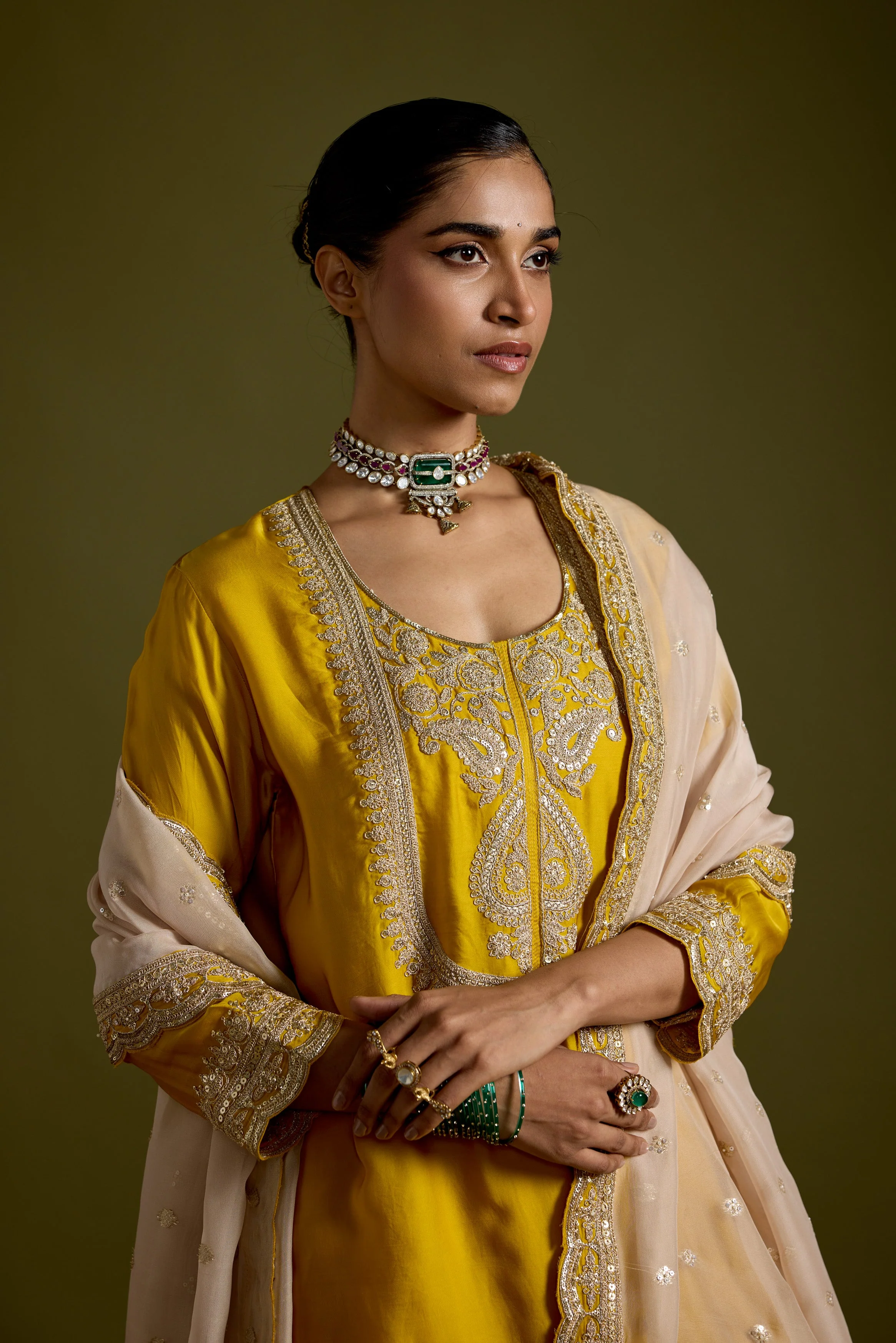 Yellow Embellished Satin Silk Sharara Set - Image 3