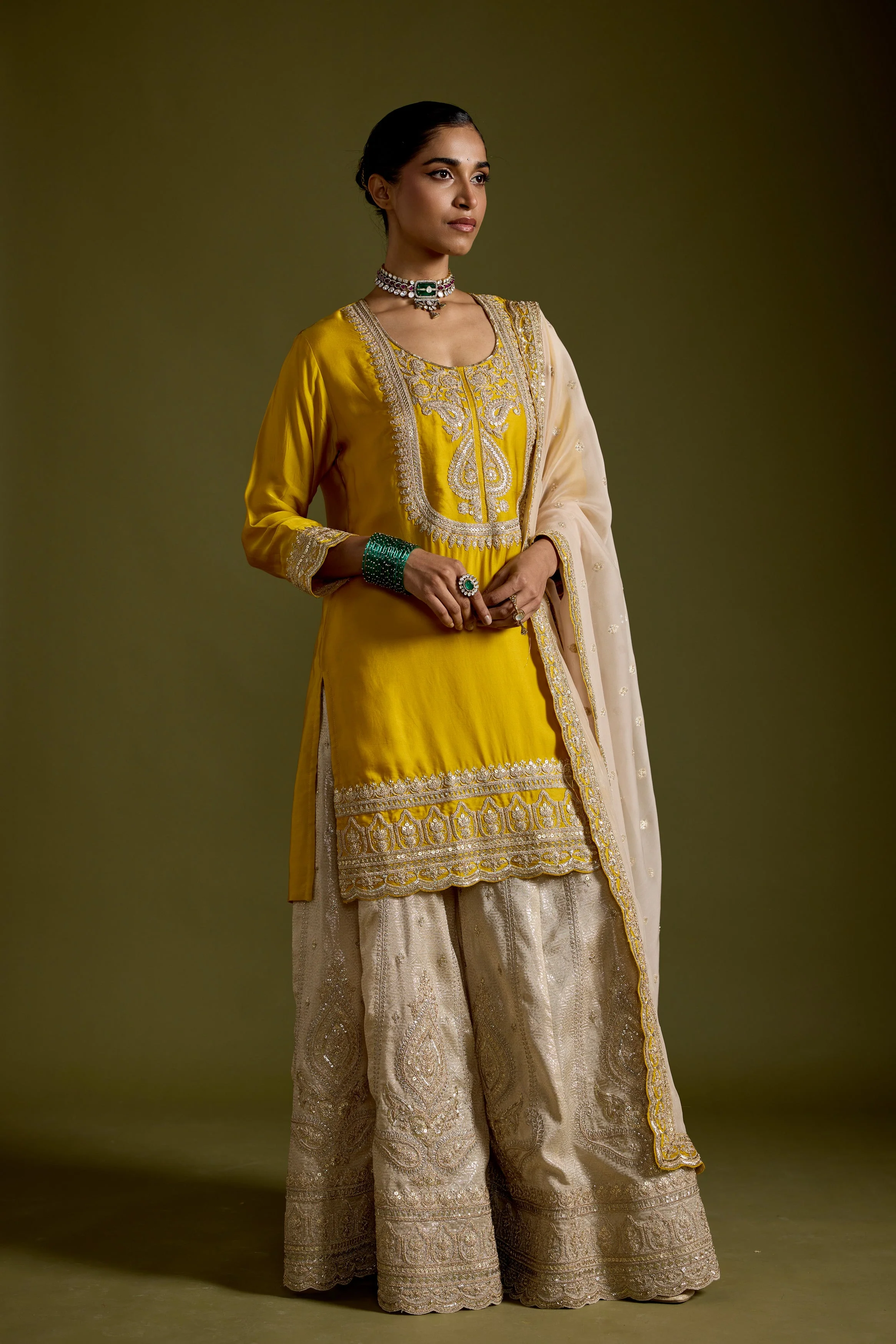 Yellow Embellished Satin Silk Sharara Set - Image 4