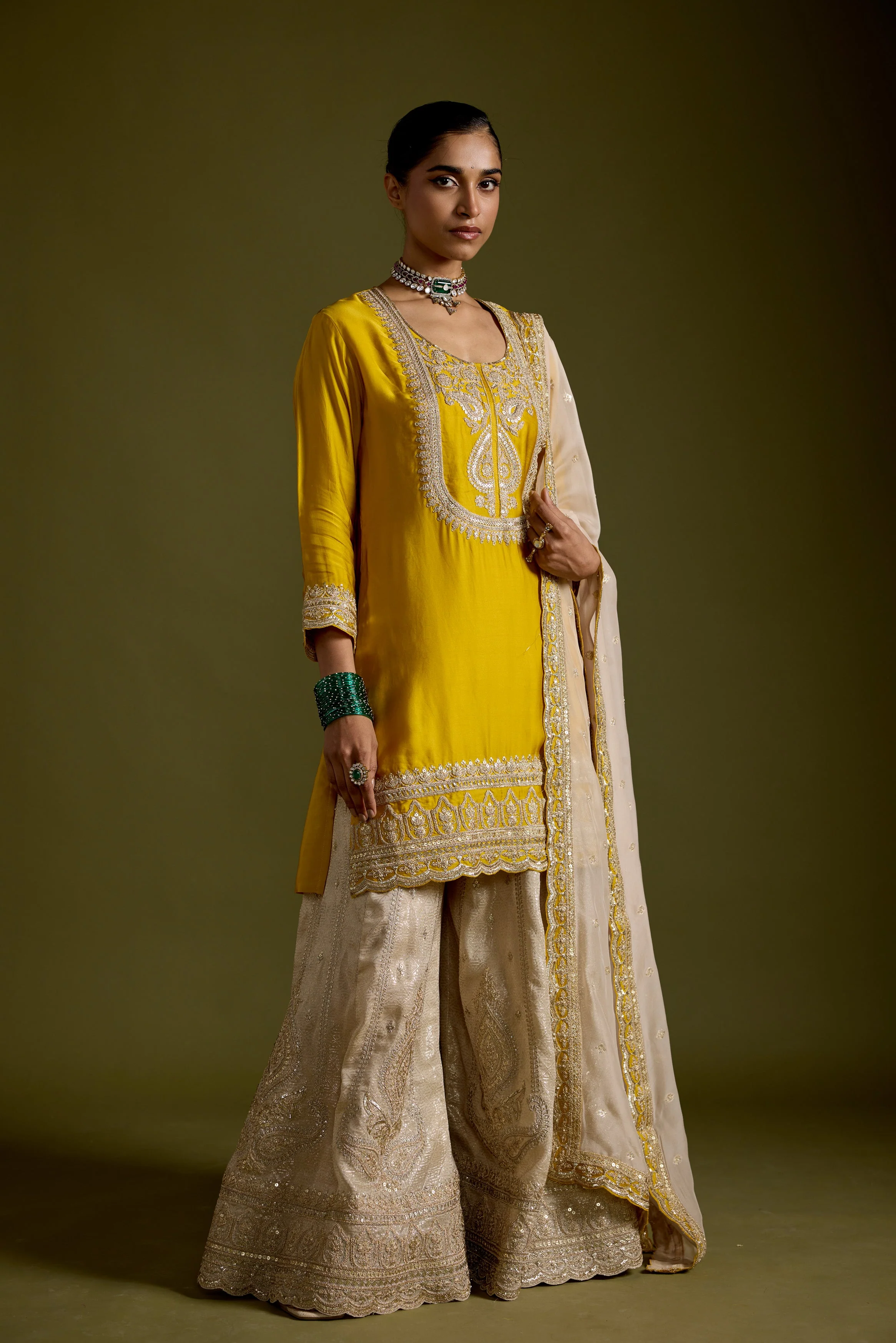 Yellow Embellished Satin Silk Sharara Set - Image 5