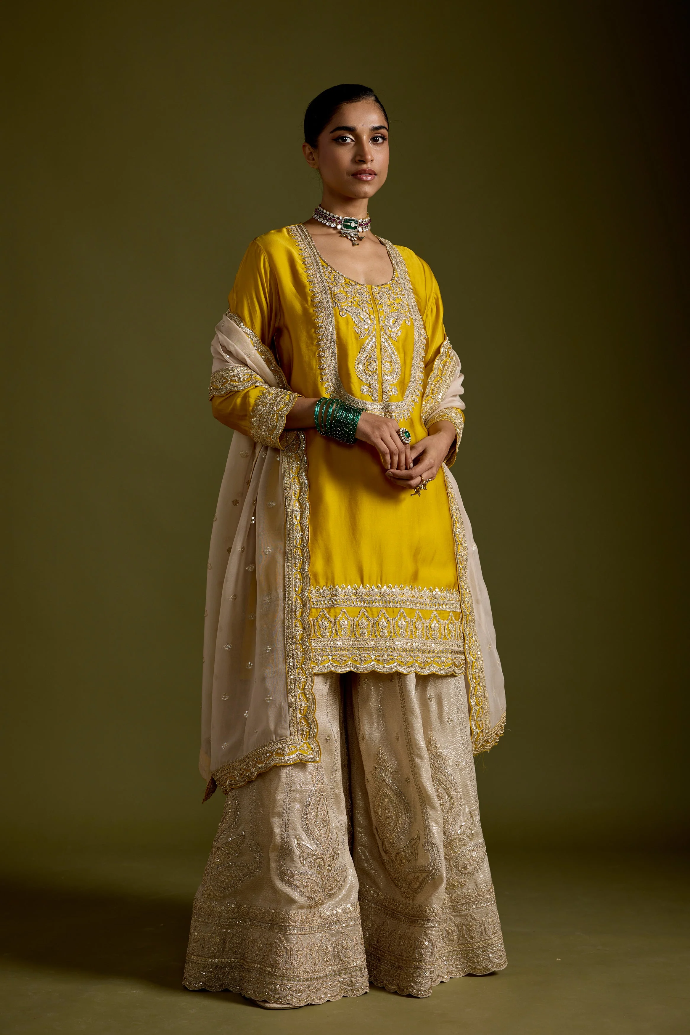Yellow Embellished Satin Silk Sharara Set - Image 6