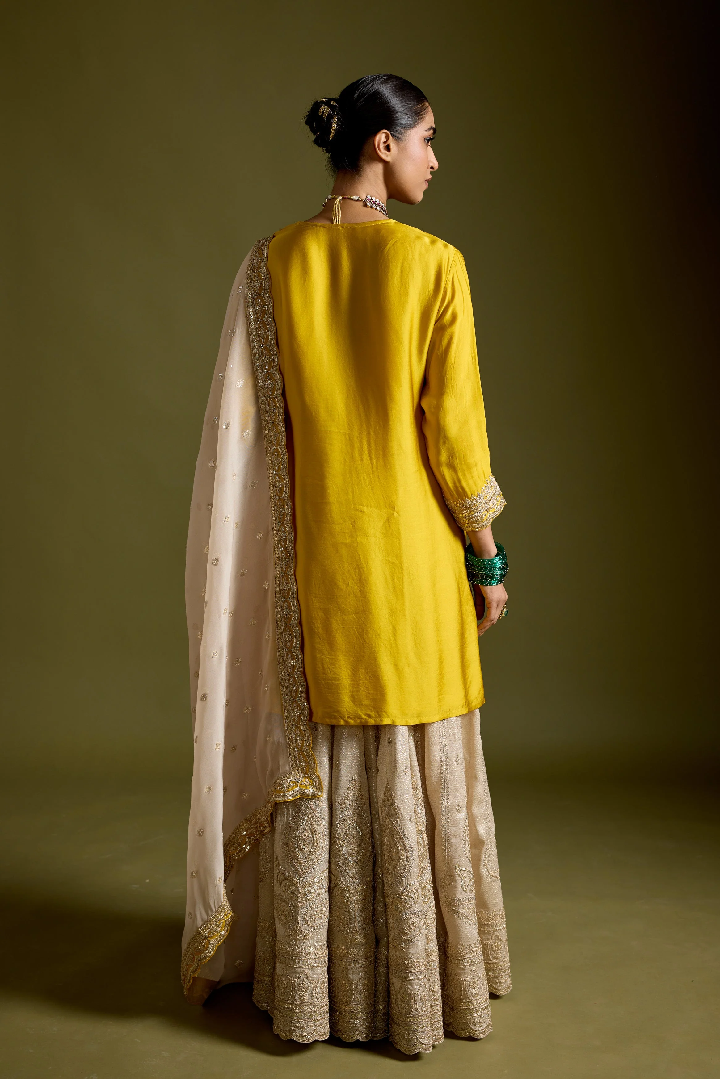 Yellow Embellished Satin Silk Sharara Set - Image 7