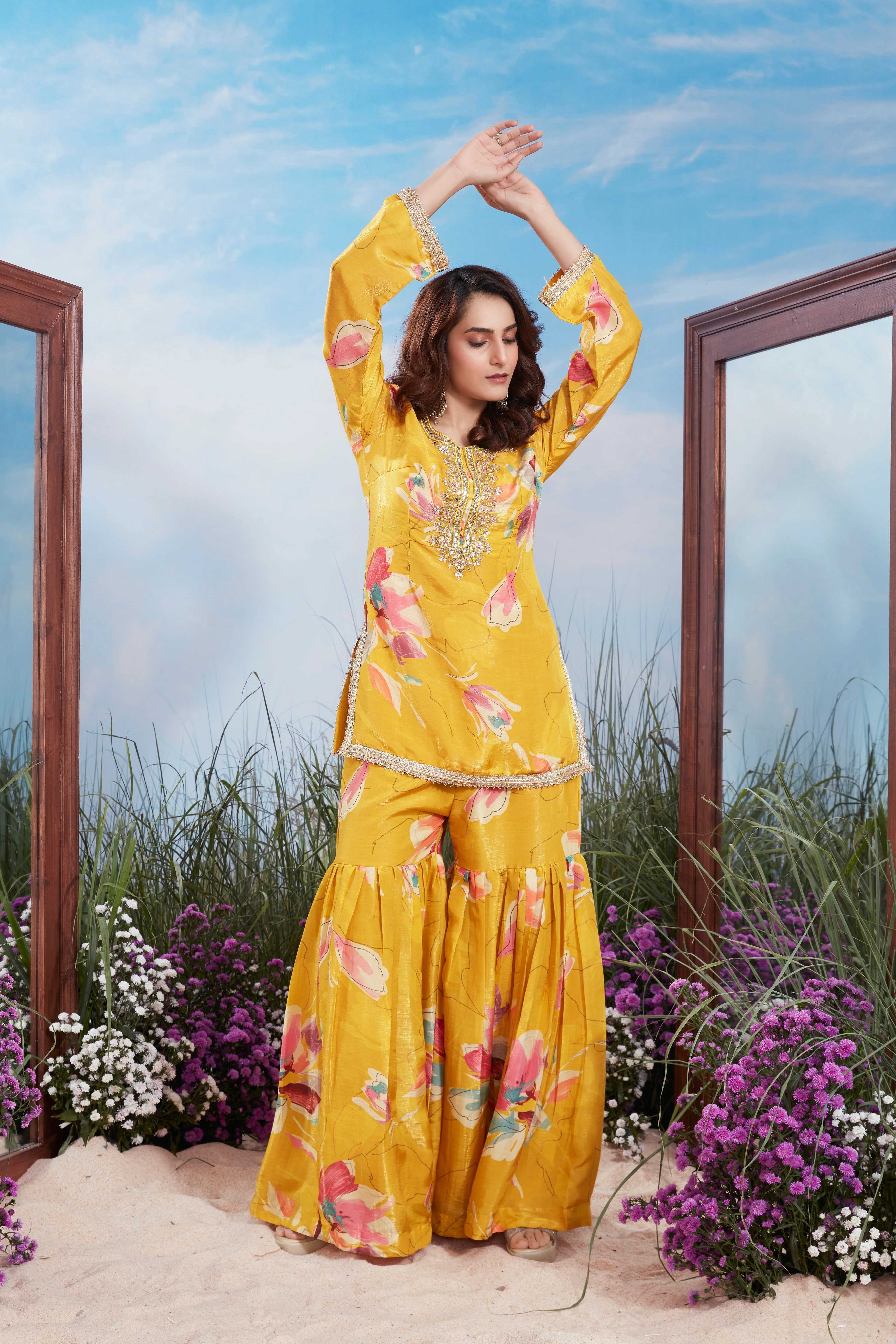 Golden Yellow Printed Shimmer Tissue Silk Sharara Set - Image 2