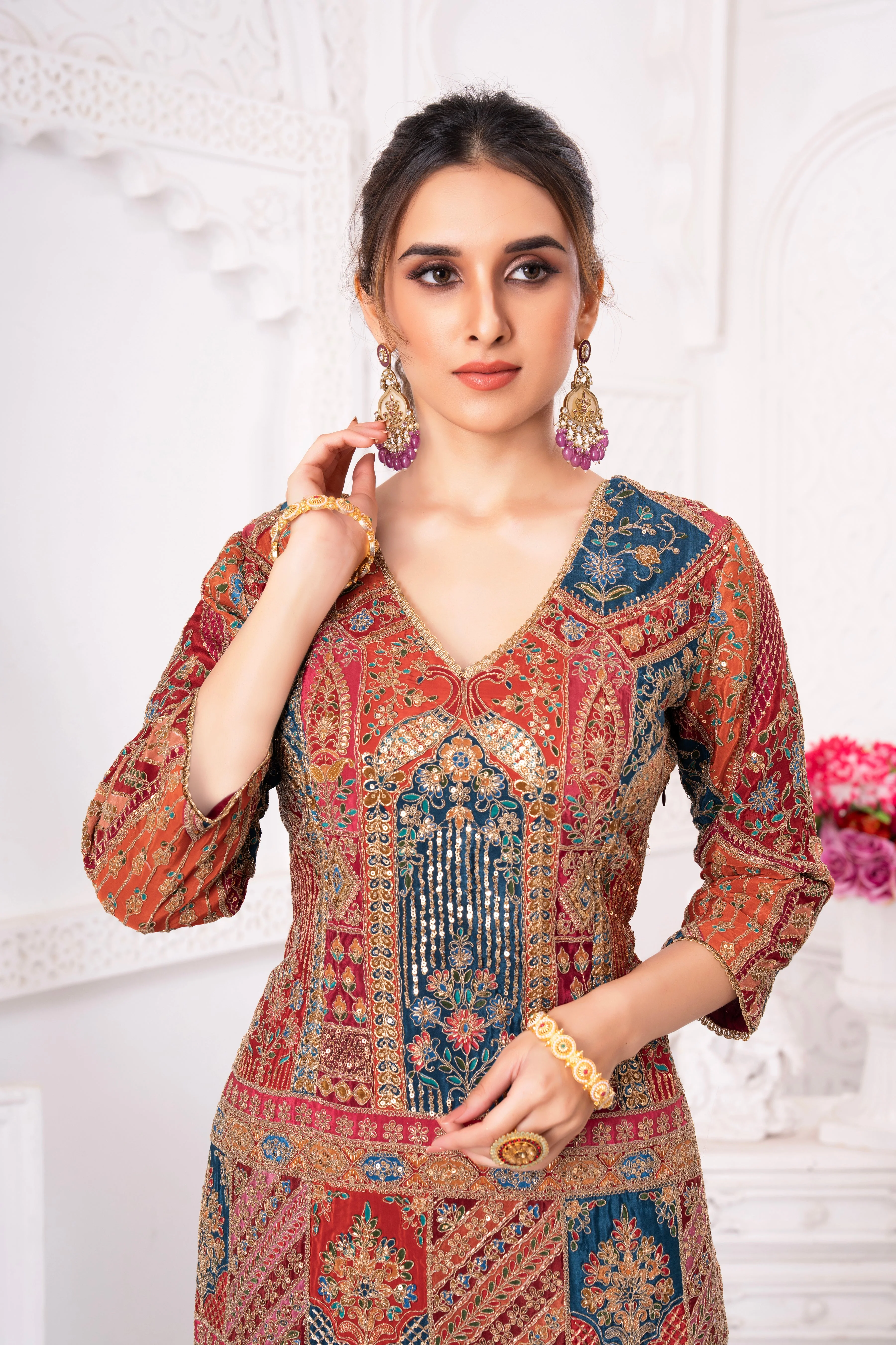 Rustic Red Traditional Work Sharara Set - Image 2