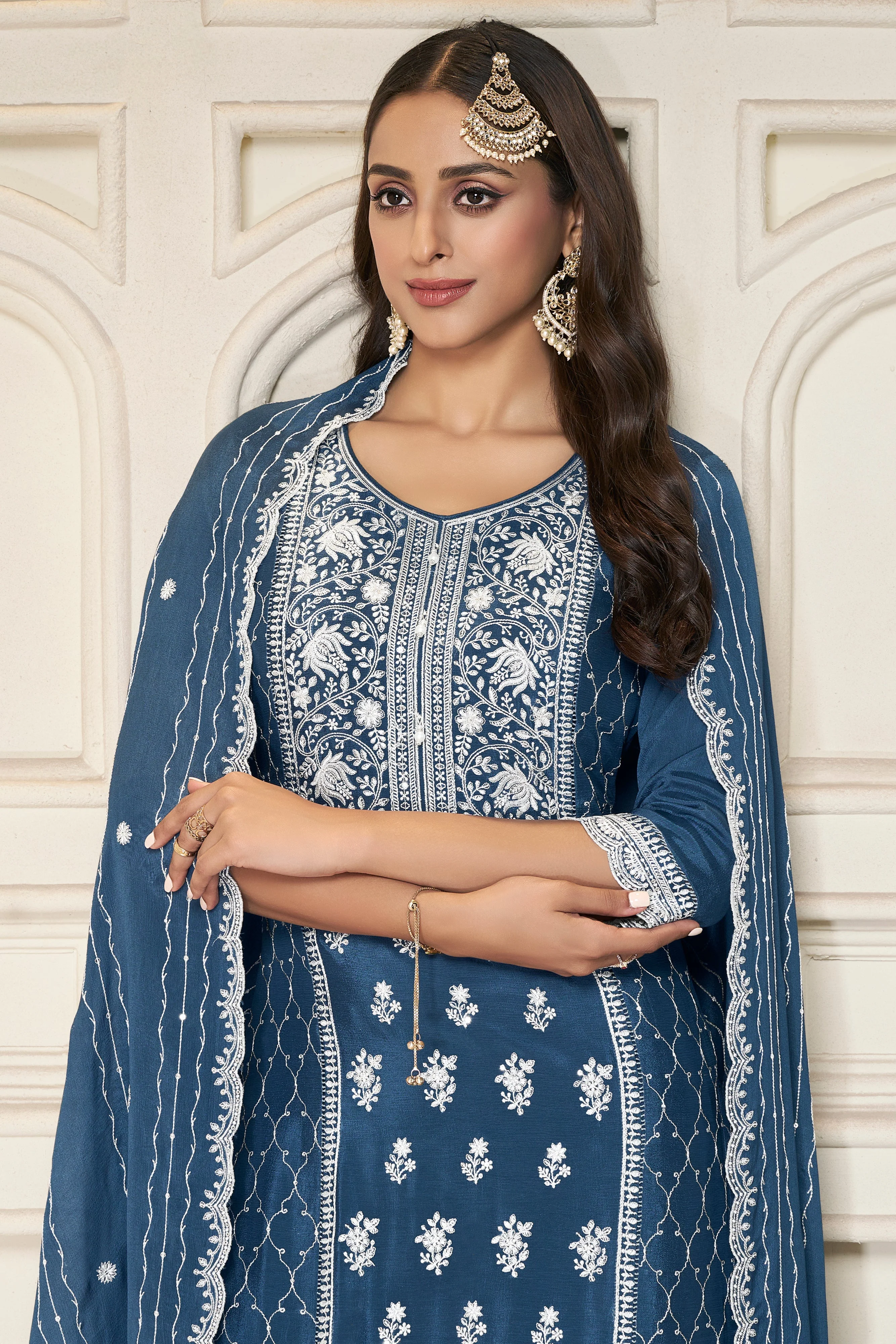 Shimmer Blue Chinon Silk Kurta & Palazzo Set - Image 2