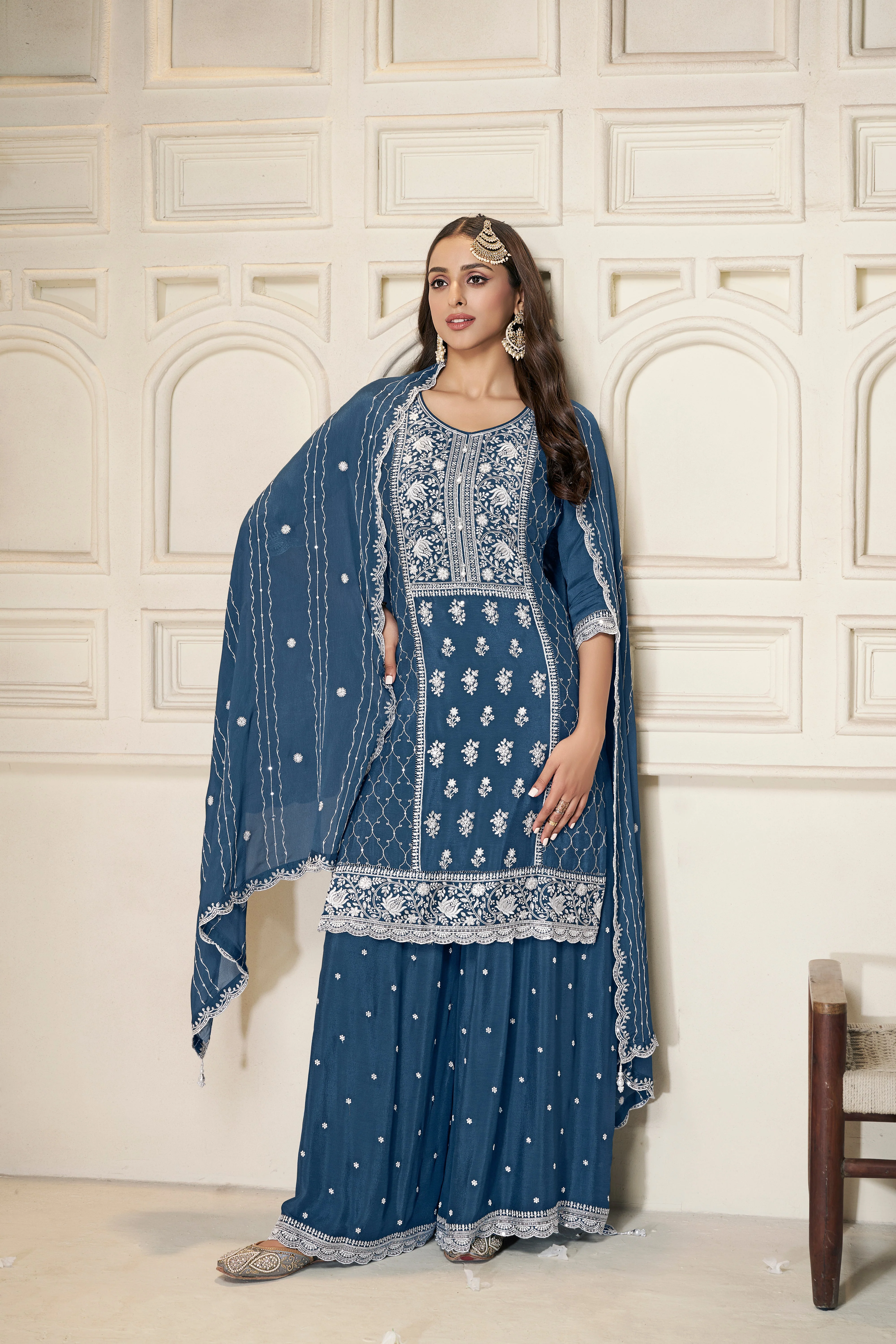 Shimmer Blue Chinon Silk Kurta & Palazzo Set - Image 3