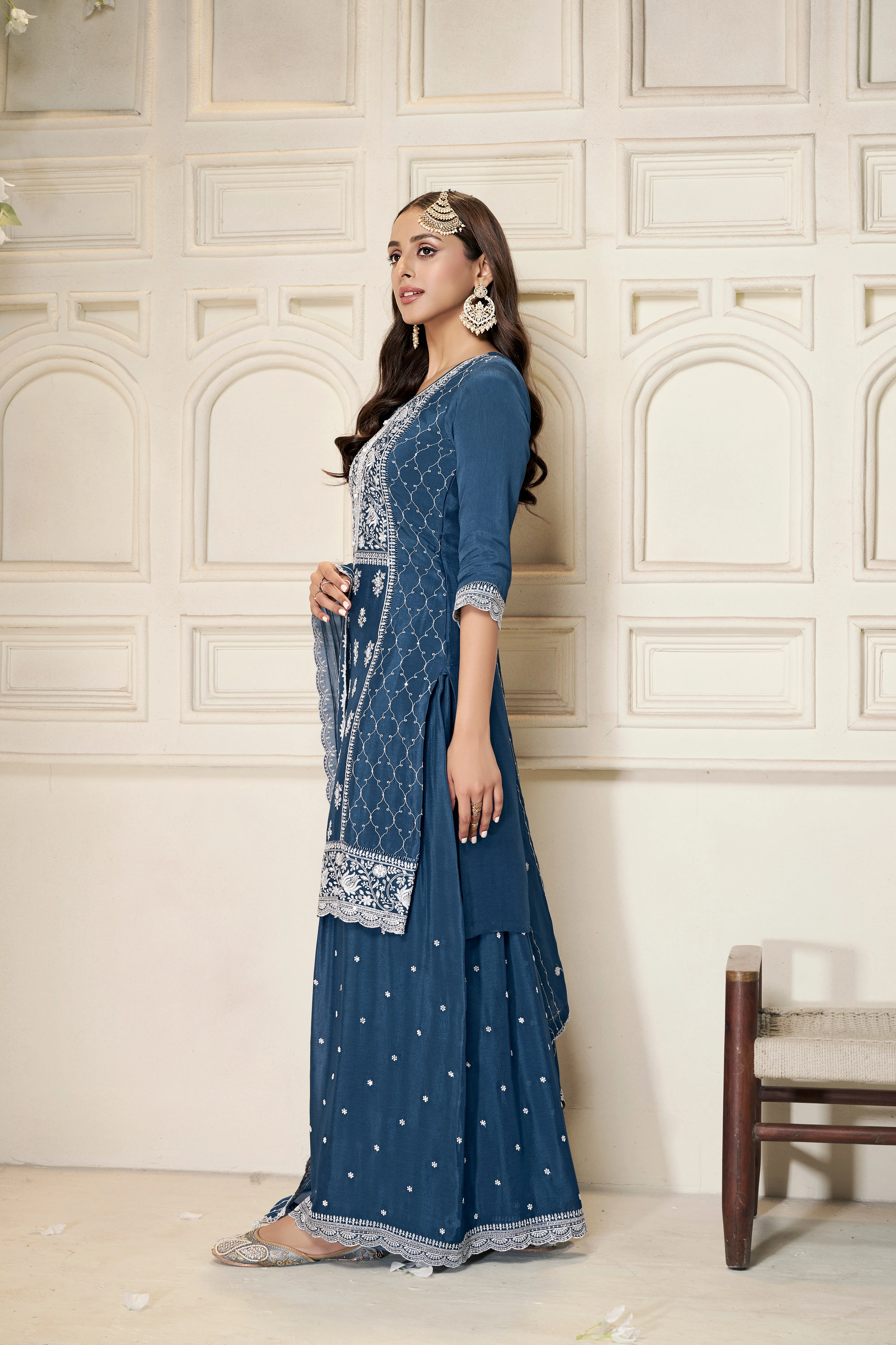 Shimmer Blue Chinon Silk Kurta & Palazzo Set - Image 4